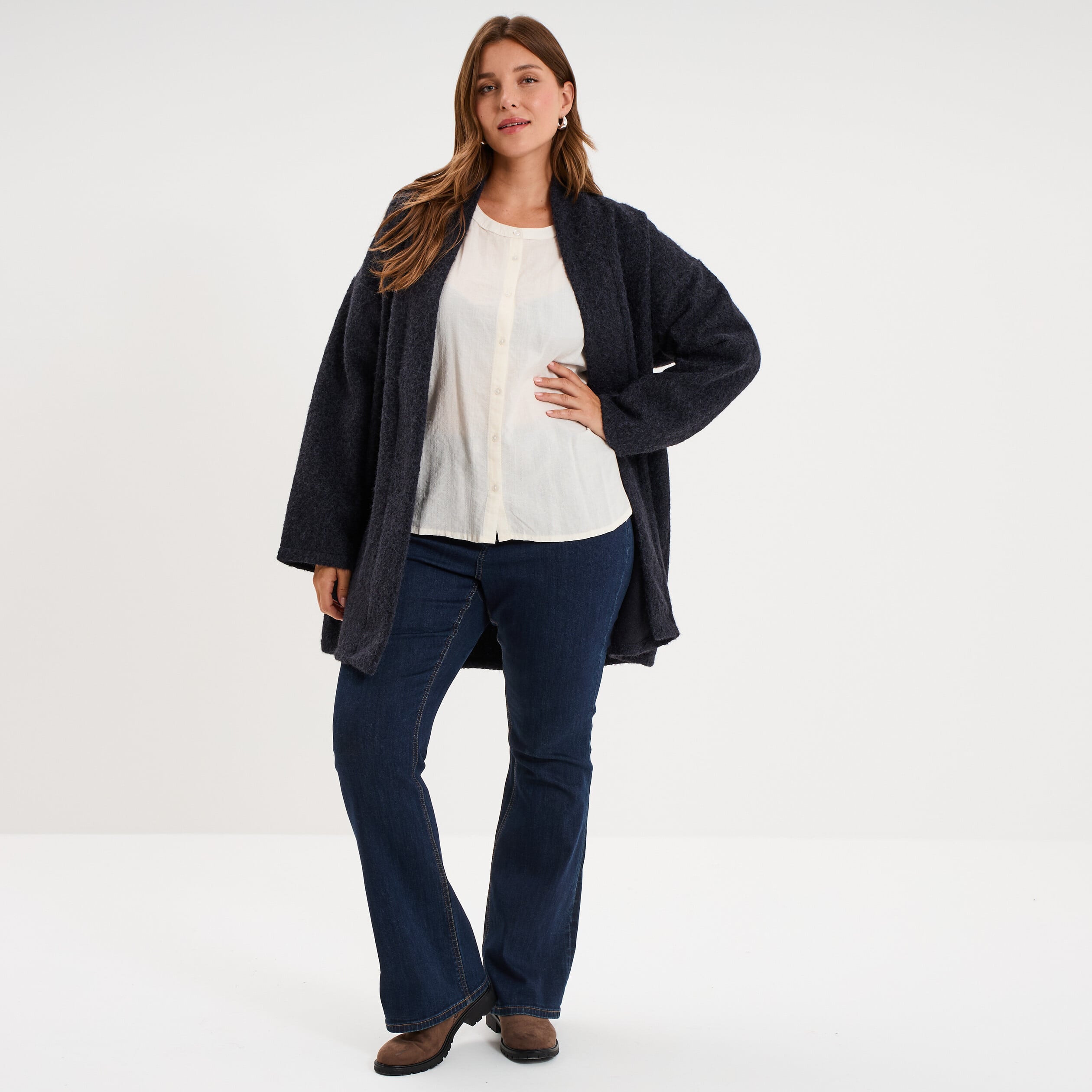 Blouse brod&eacute;e manches bouffantes 3/4 ecru femme grande taille