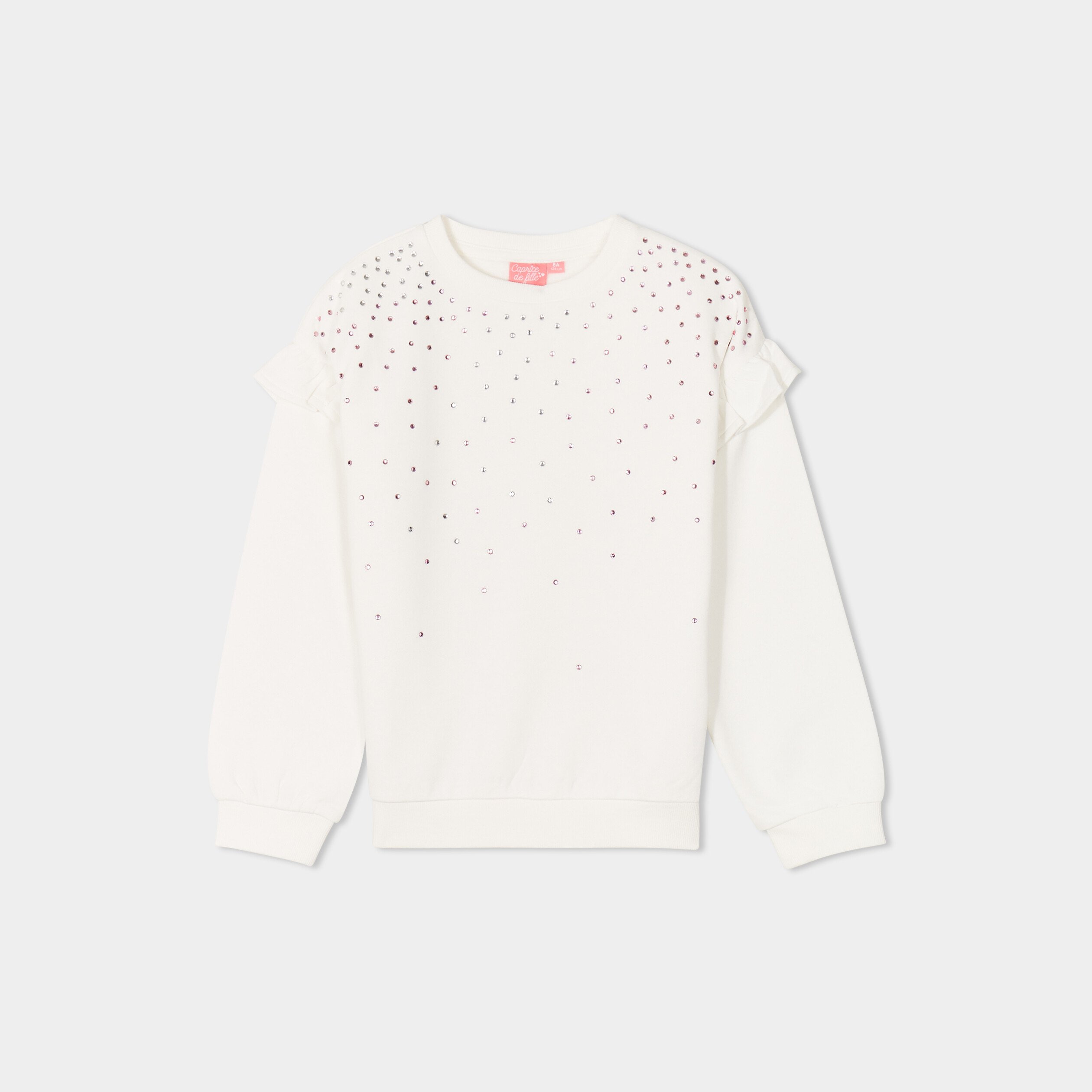 Sweat strass et volants manches longues ivoire fille