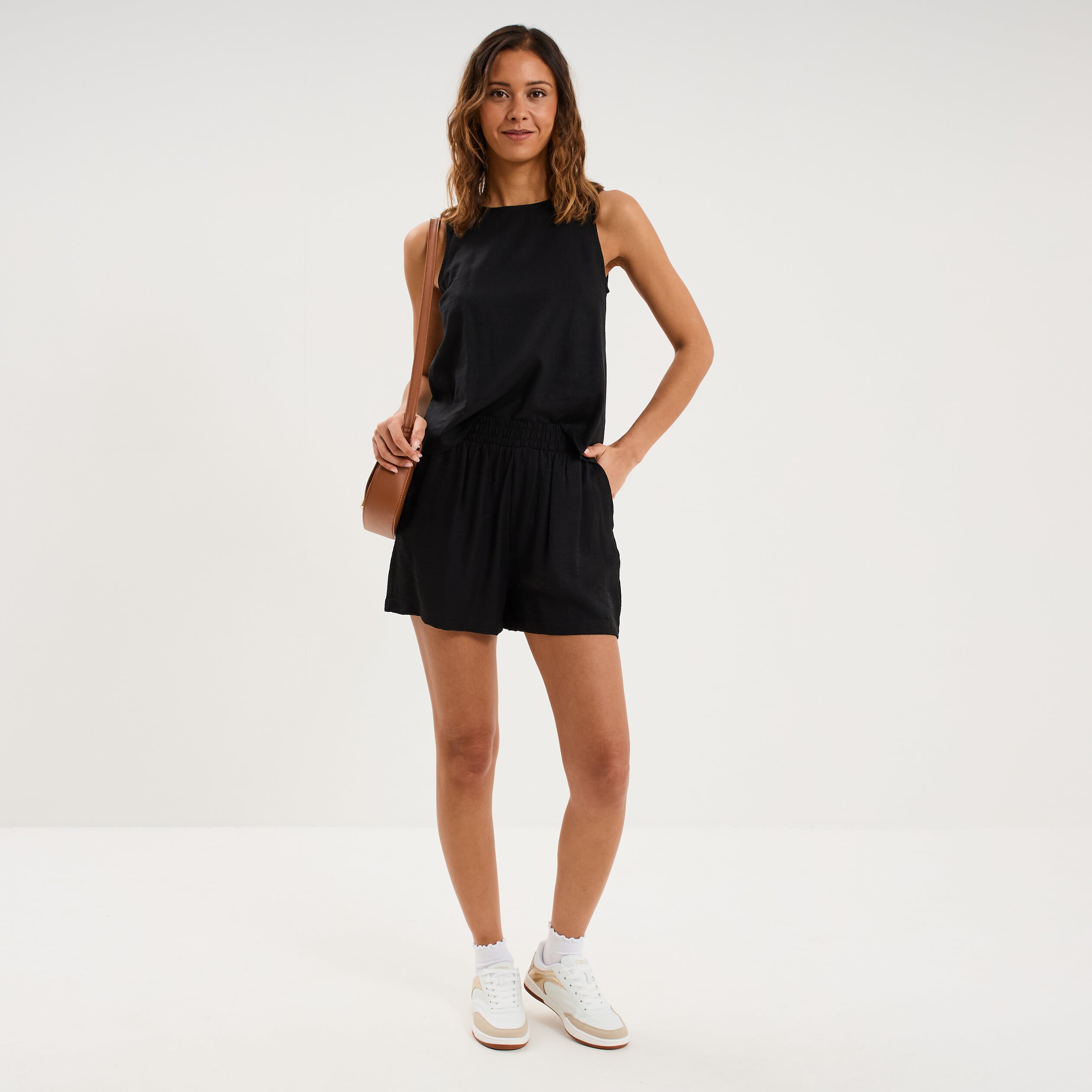 Blouse sans manches lin m&eacute;lang&eacute; noir femme