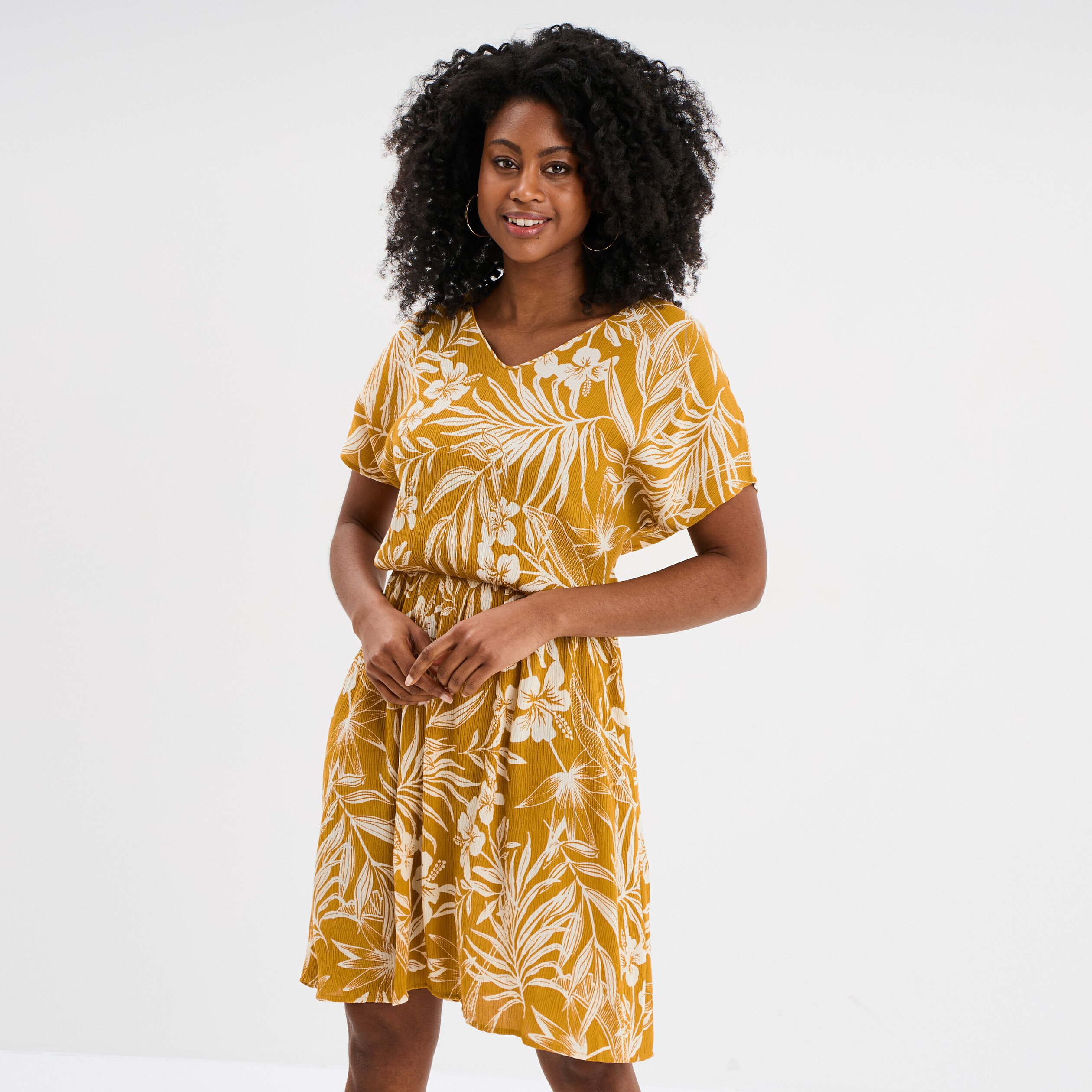 robe caftant courte col en v jaune or femme Robe caftant courte col en V jaune or femme