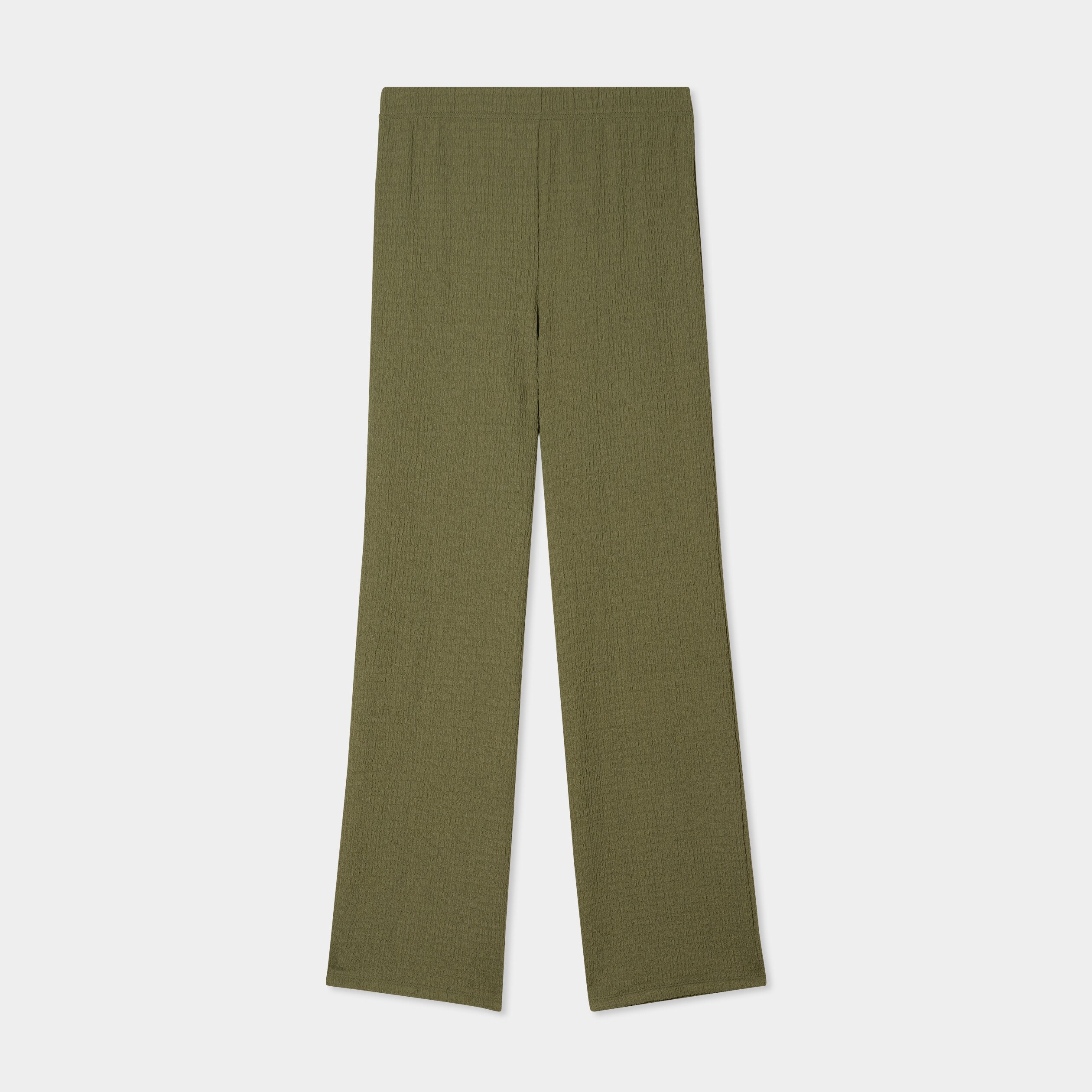 pantalon effet gaufre taille elastiquee vert kaki femme Pantalon effet gaufré taille élastiquée vert kaki femme