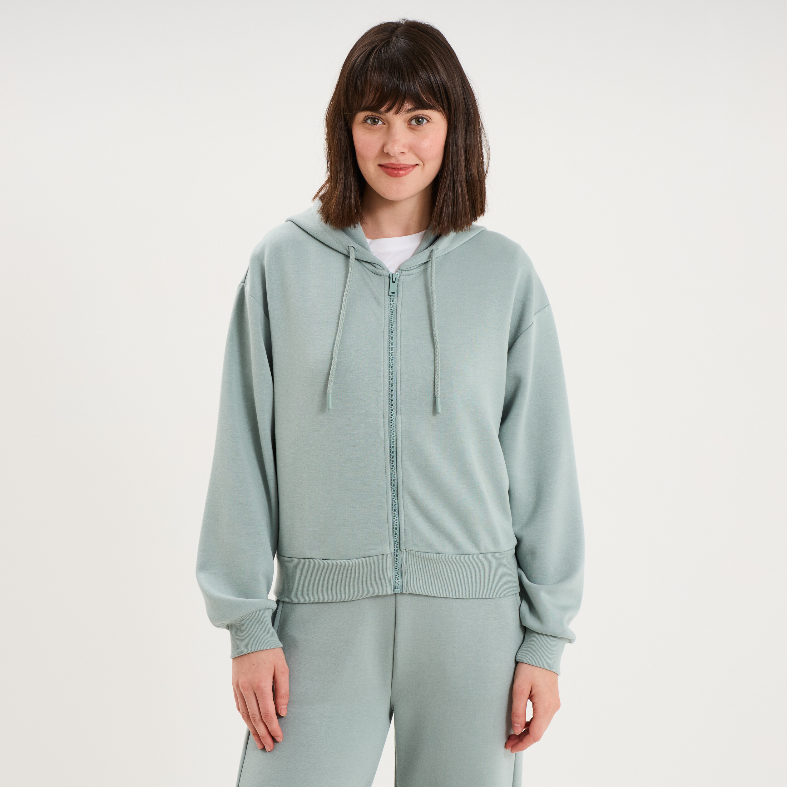 Sweat zipp&eacute; &agrave; capuche bleu gris femme