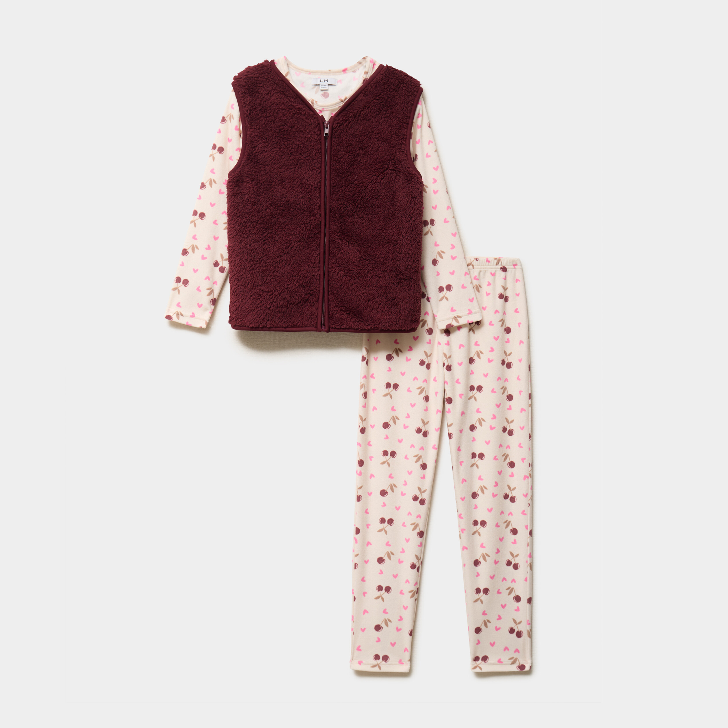 Ensemble pyjama 3 pi&egrave;ces veste polaire ecru fille