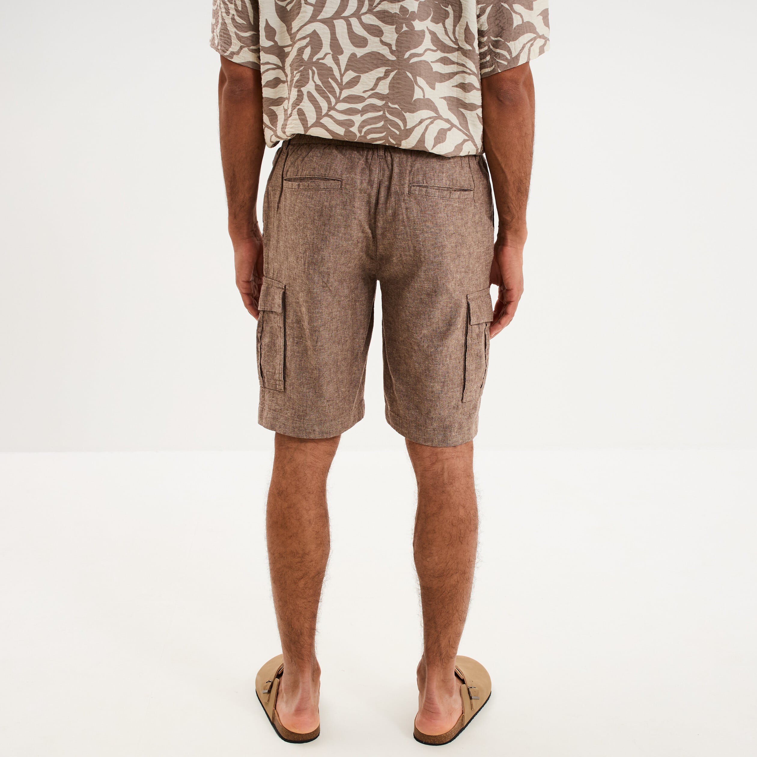 Bermuda cargo en lin m&eacute;lang&eacute; marron homme