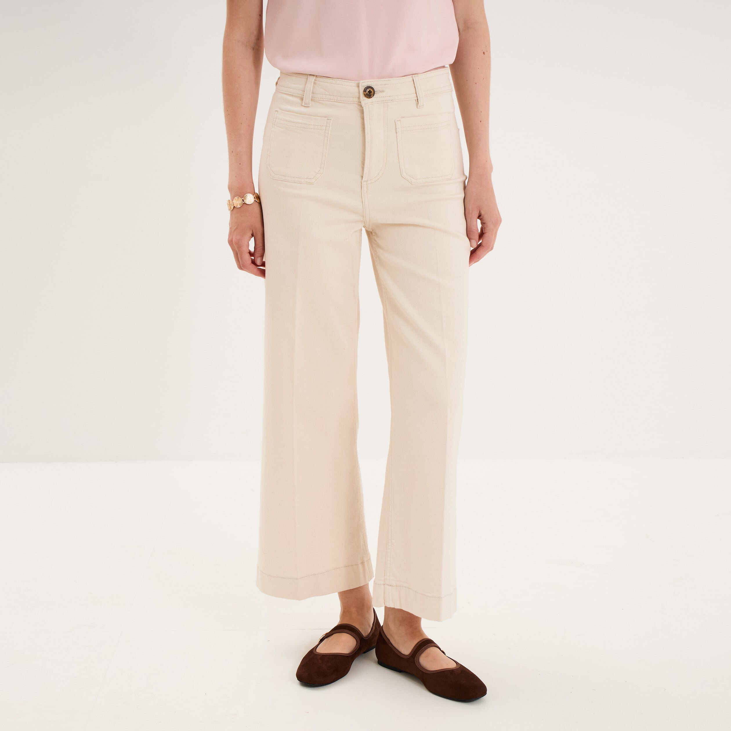 Pantalon large poche plaqu&eacute;e cropped ivoire femme