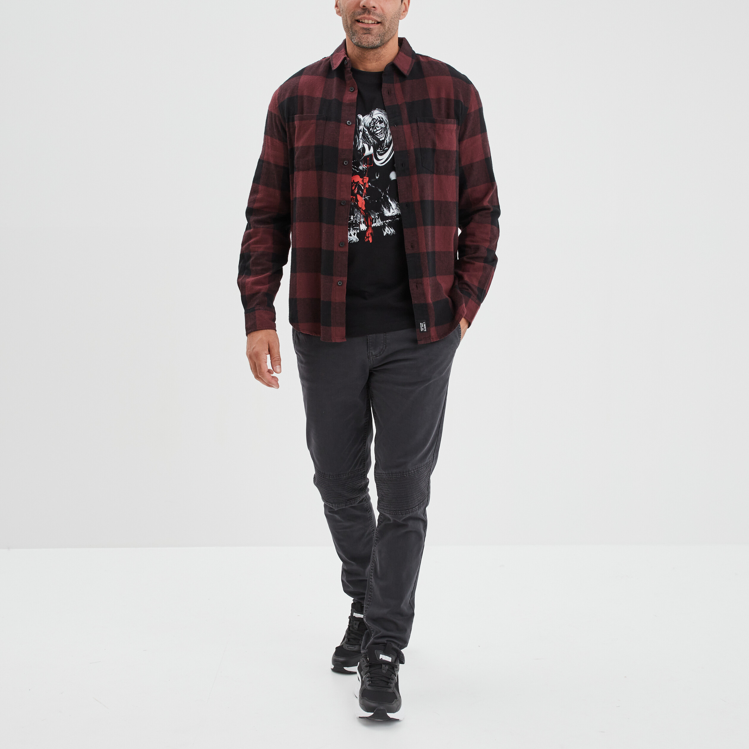 Chemise droite 2 poches manches longues bordeaux homme