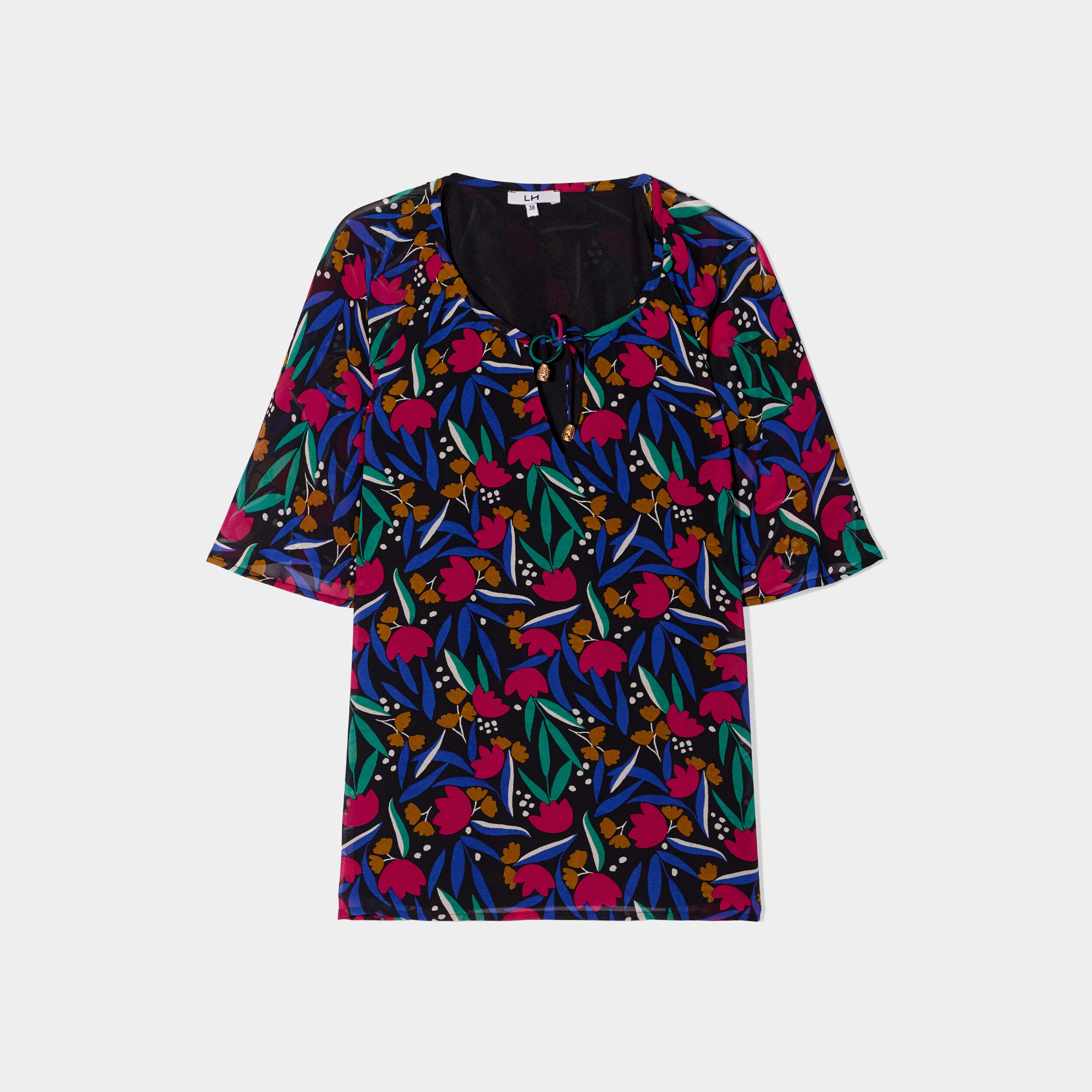blouse col tunisien avec cordons noir femme Blouse col tunisien avec cordons noir femme
