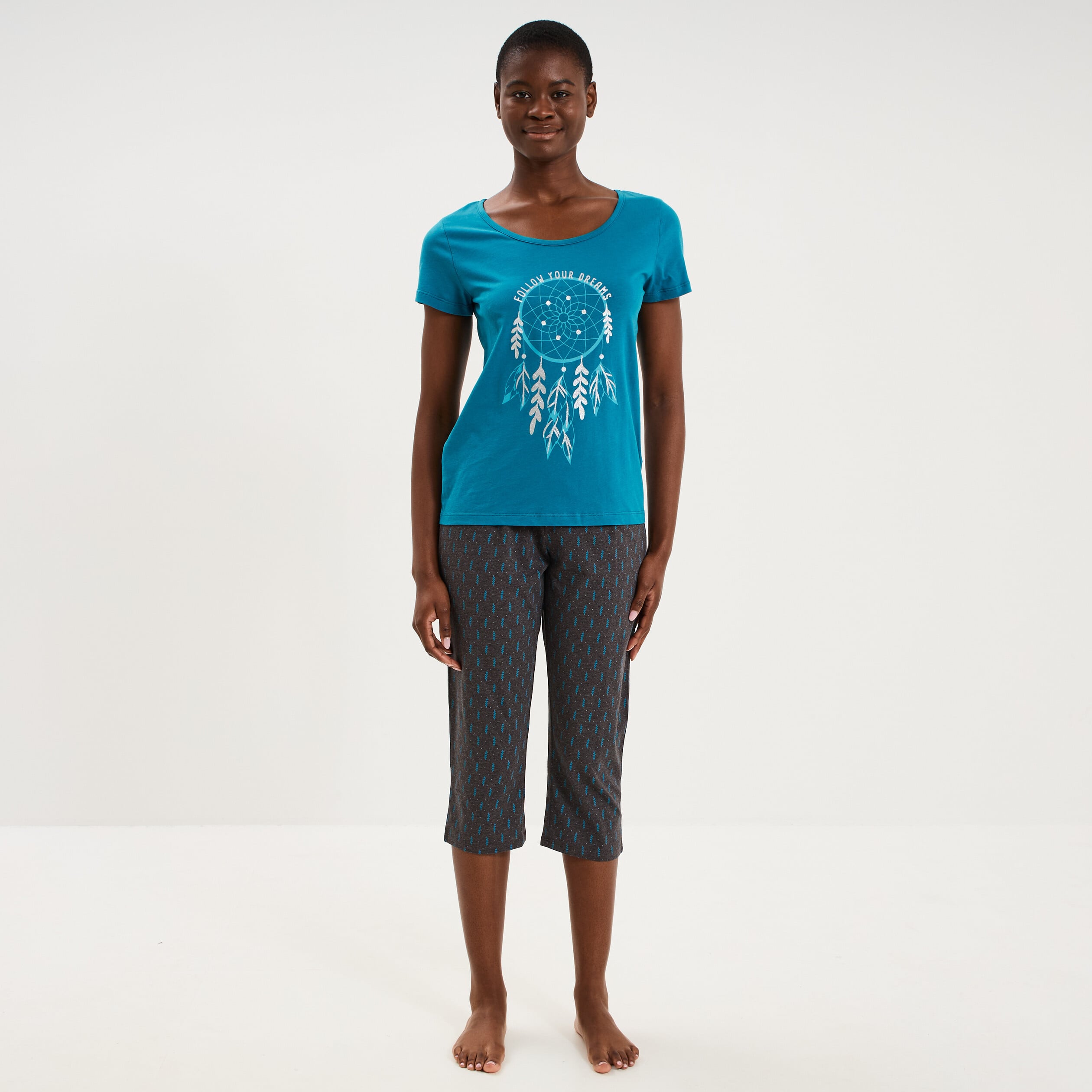 Ensemble pyjama corsaire t-shirt coton bleu canard femme