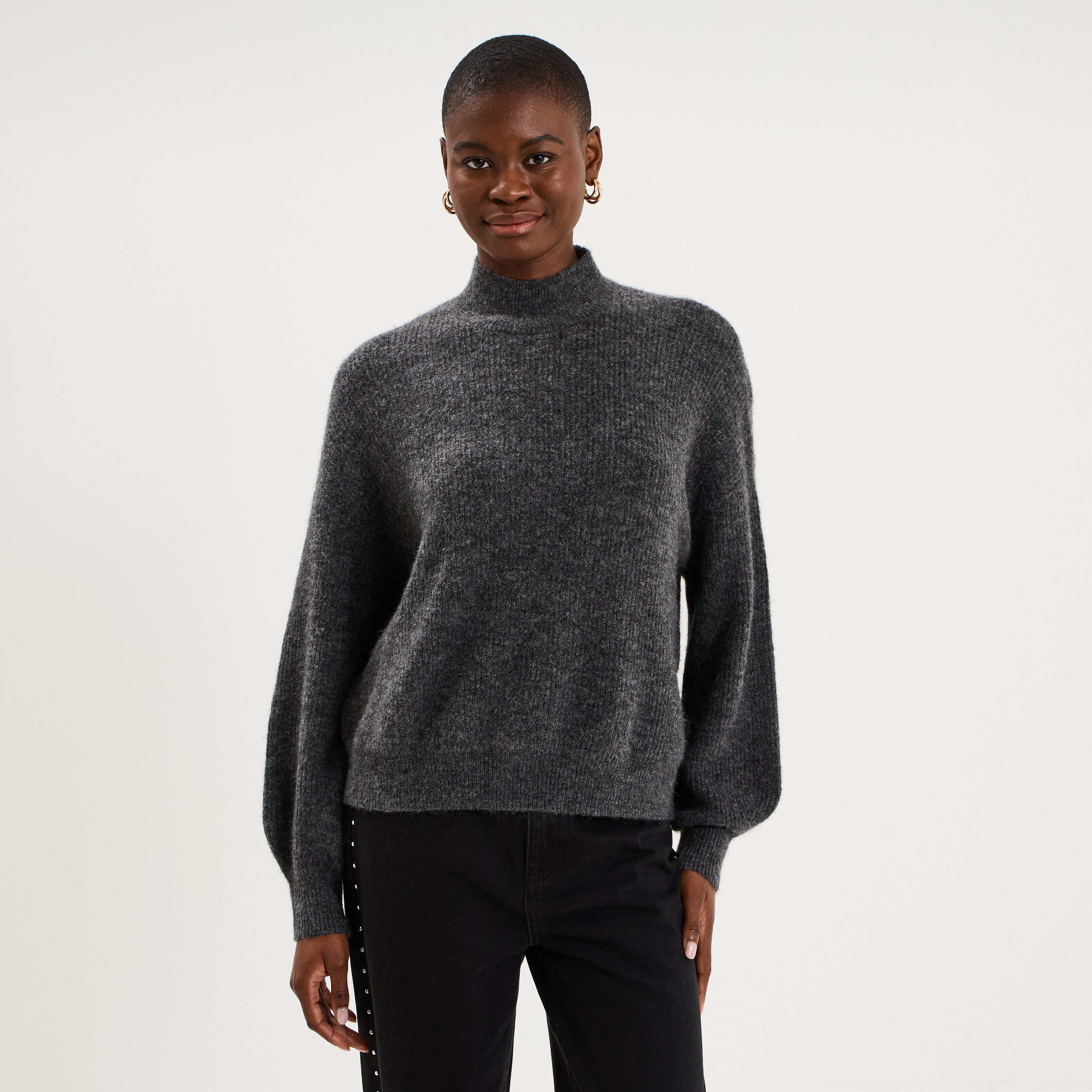 Pull col montant manches longues amples gris fonc&eacute; femme