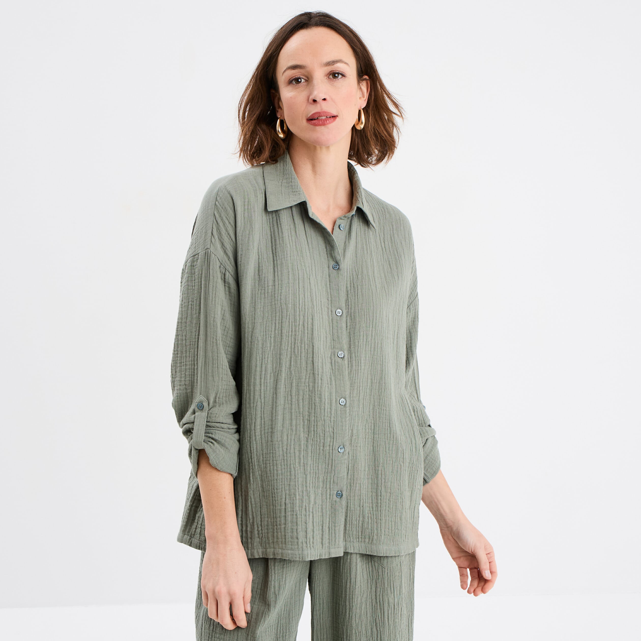 Chemise manches longues en gaze de coton vert kaki femme