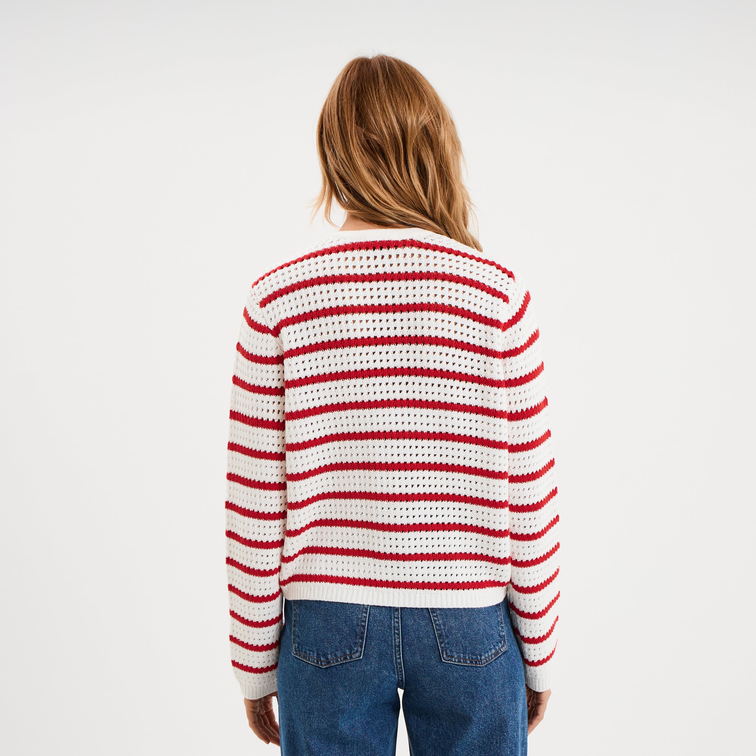 Gilet effet ajour&eacute; manches longues coton ecru femme