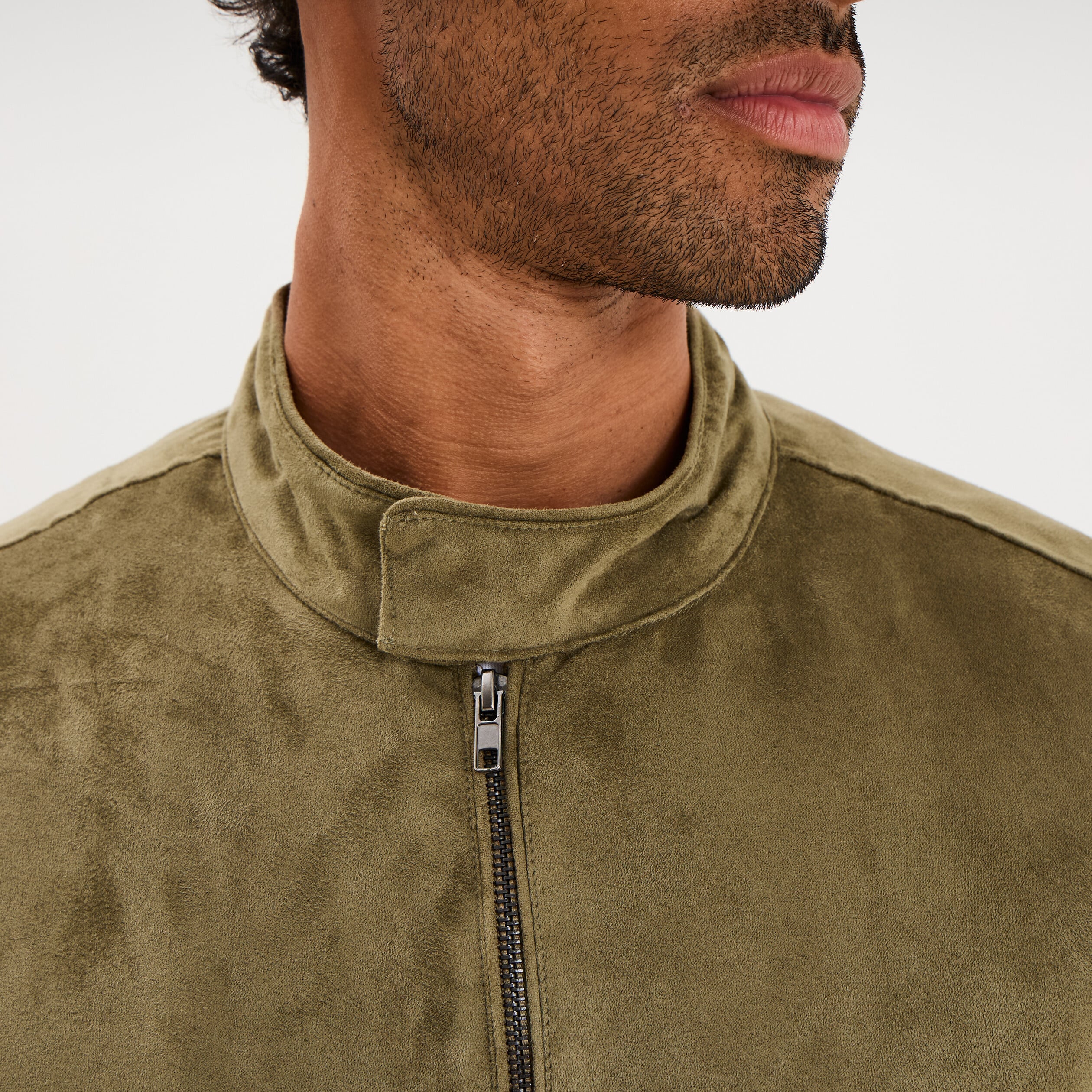 Blouson col biker en su&eacute;dine zipp&eacute; vert kaki homme