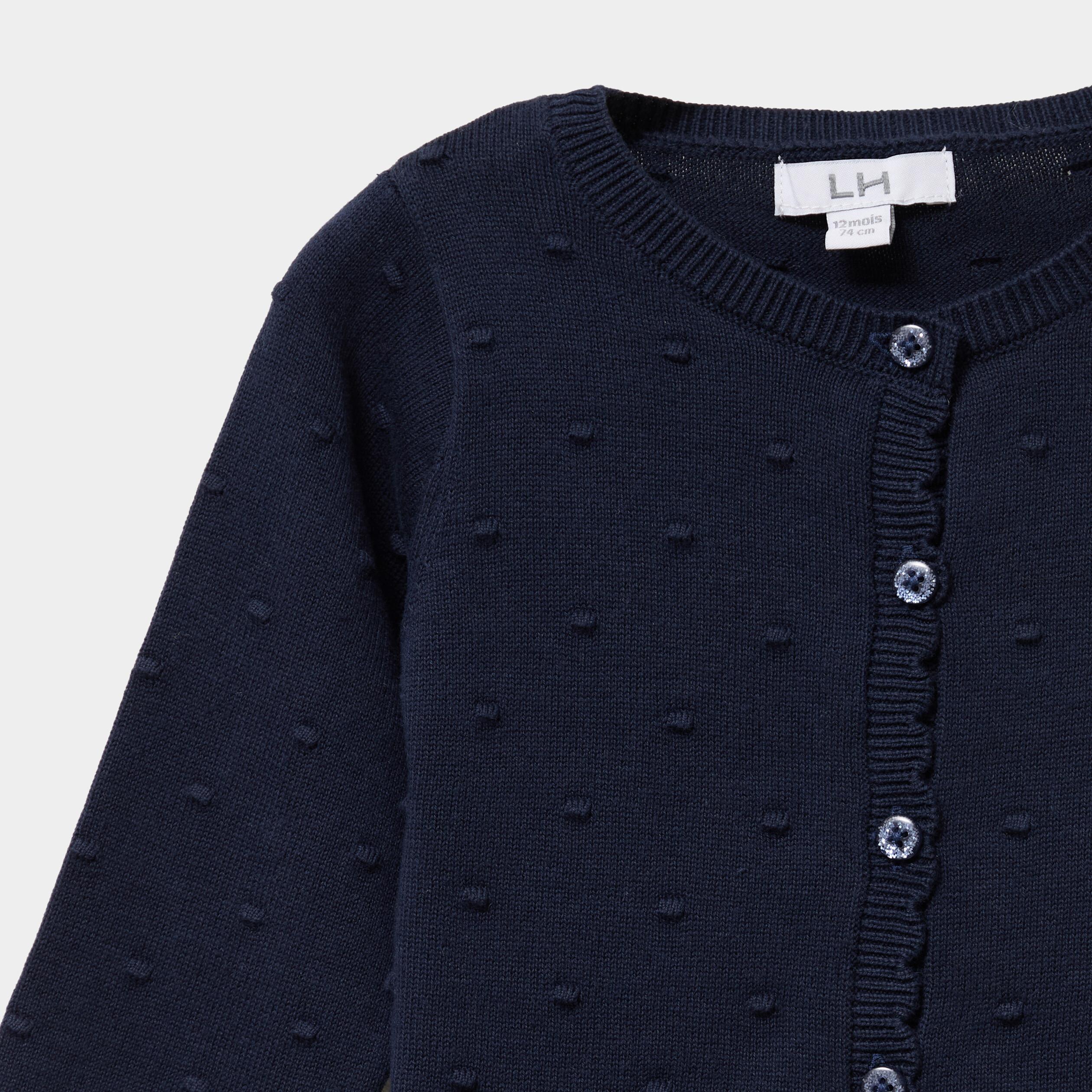 gilet boutonne bord festonne coton bleu marine bebef Gilet boutonné bord festonné coton bleu marine bébé fille