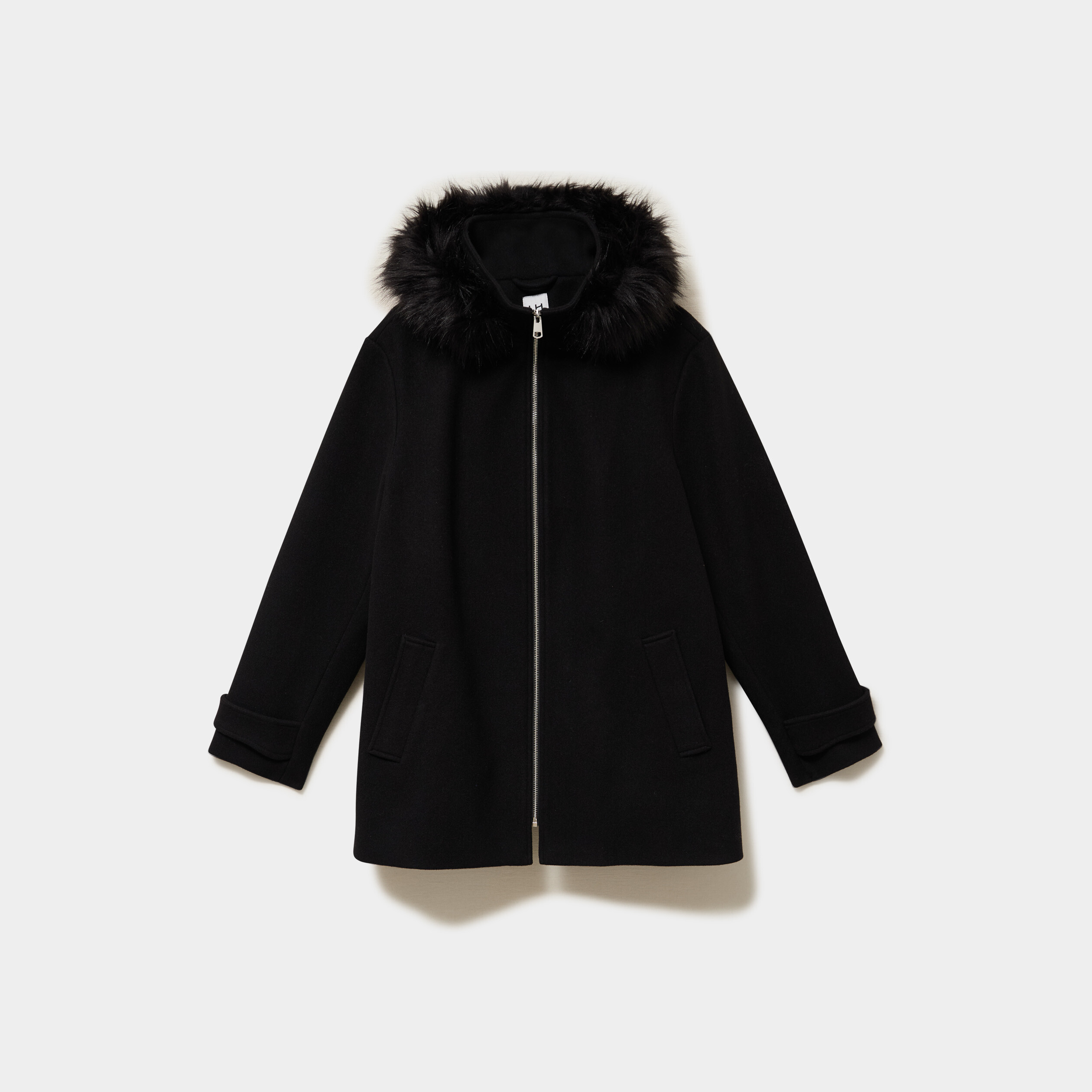 Manteau zipp&eacute; capuche fausse fourrure noir femme grande taille