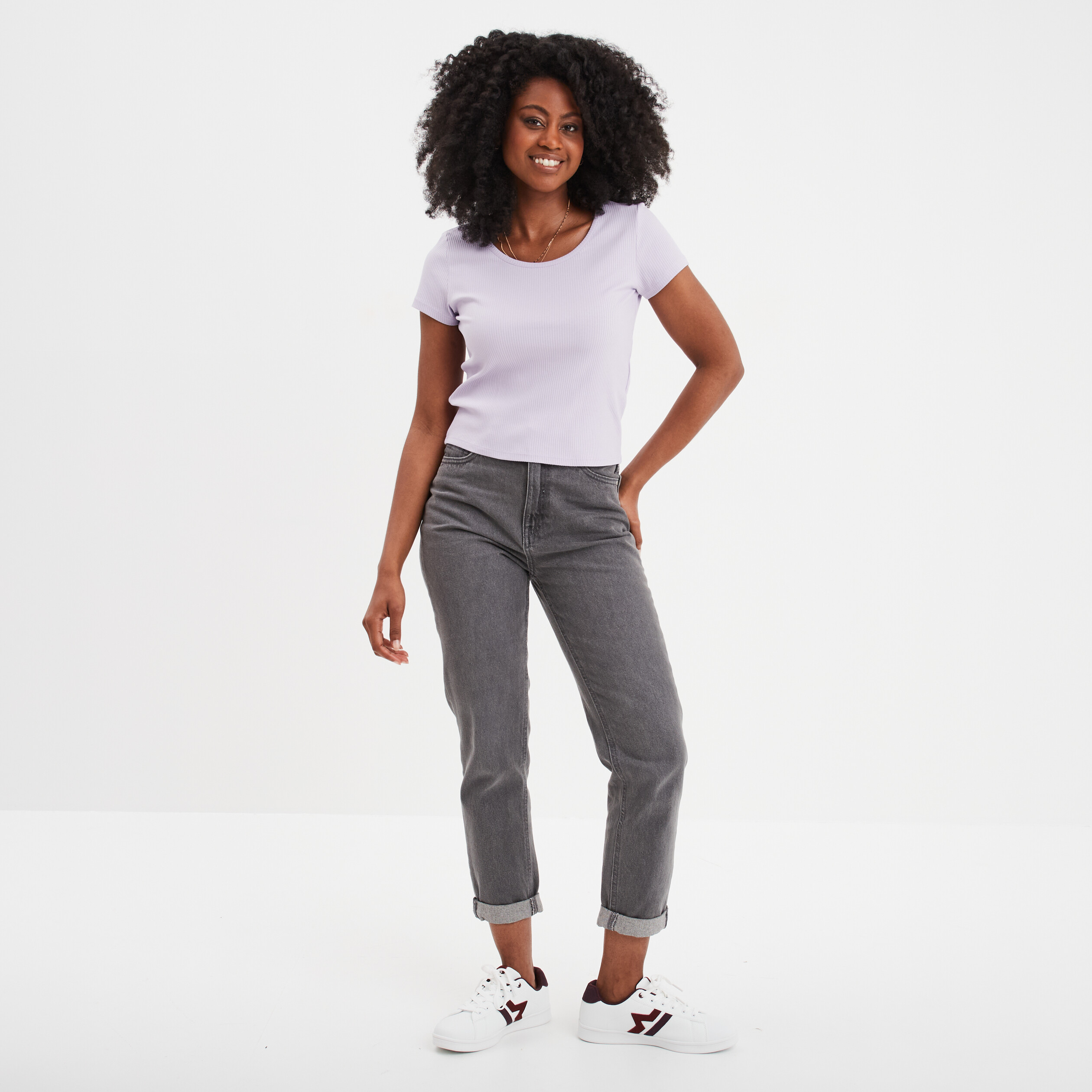 t shirt manches courtes cotele violet clair femme T-shirt manches courtes côtelé violet clair femme