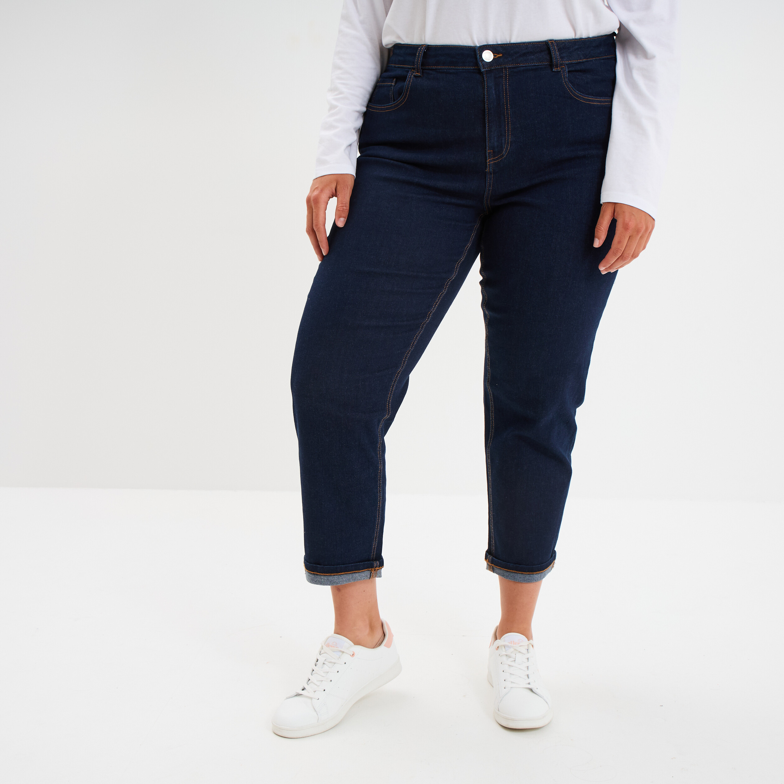 Jeans mom cropped taille haute denim brut femme grande taille