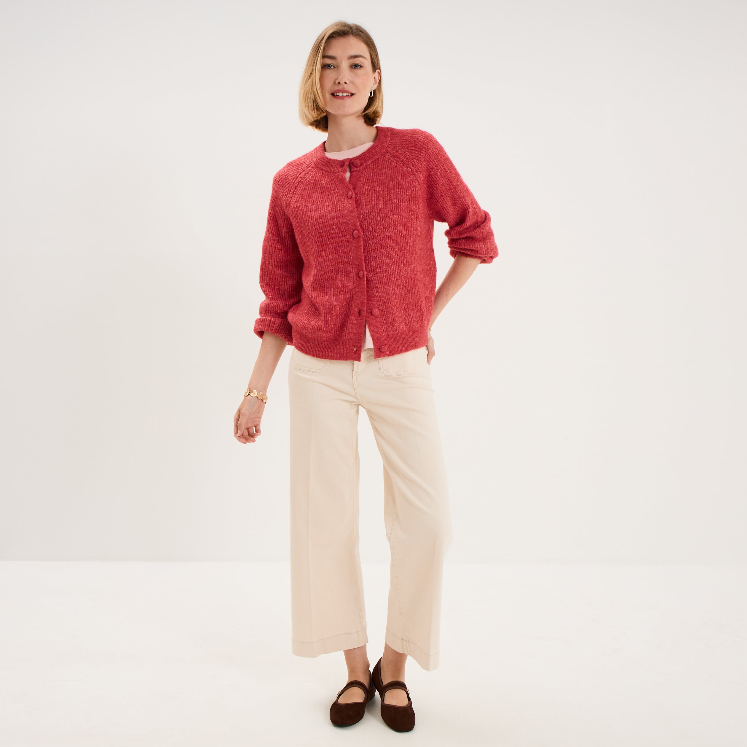 Pantalon large poche plaqu&eacute;e cropped ivoire femme