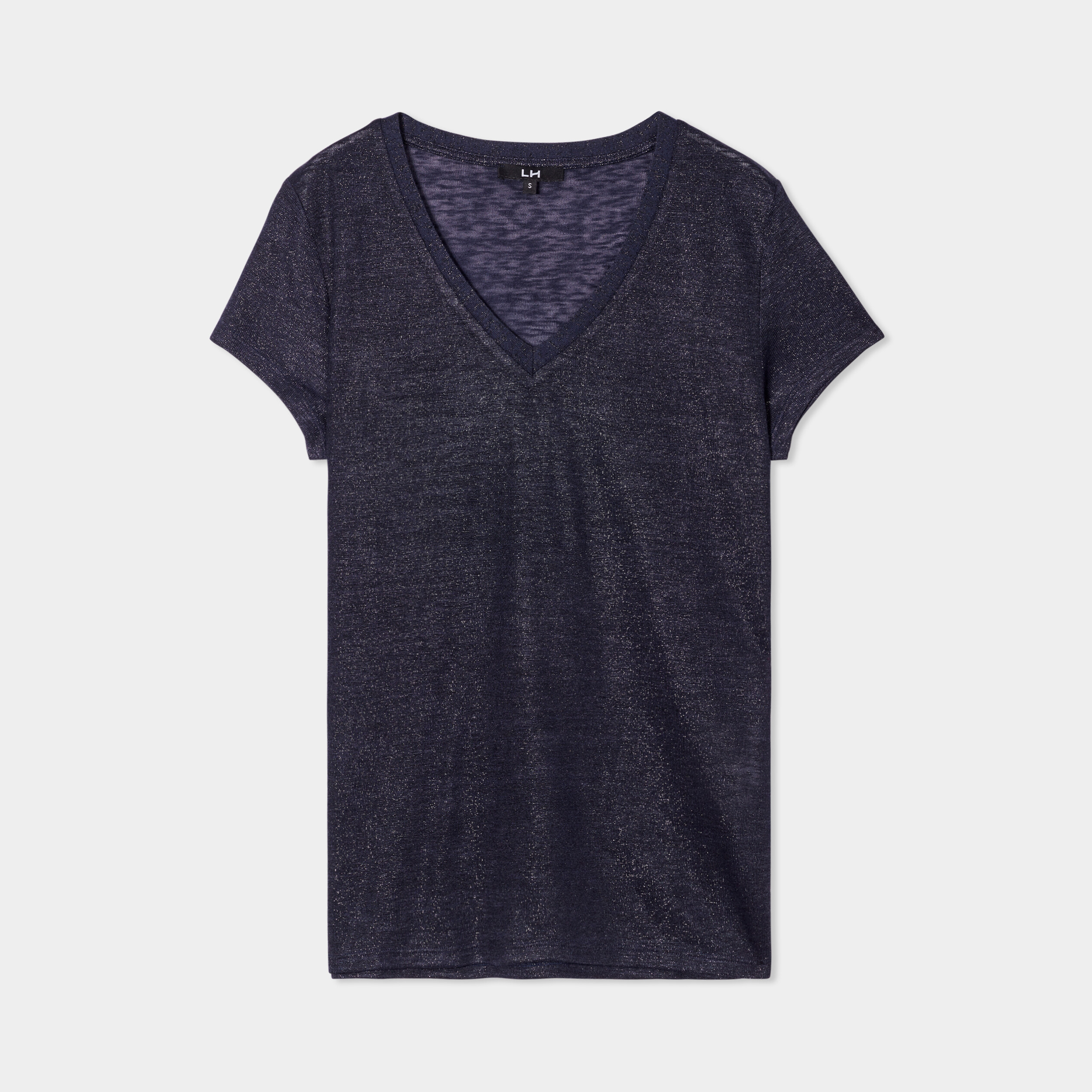 t shirt col en v a bande metallisee bleu fonce femme T-shirt col en V à bande métallisée bleu foncé femme