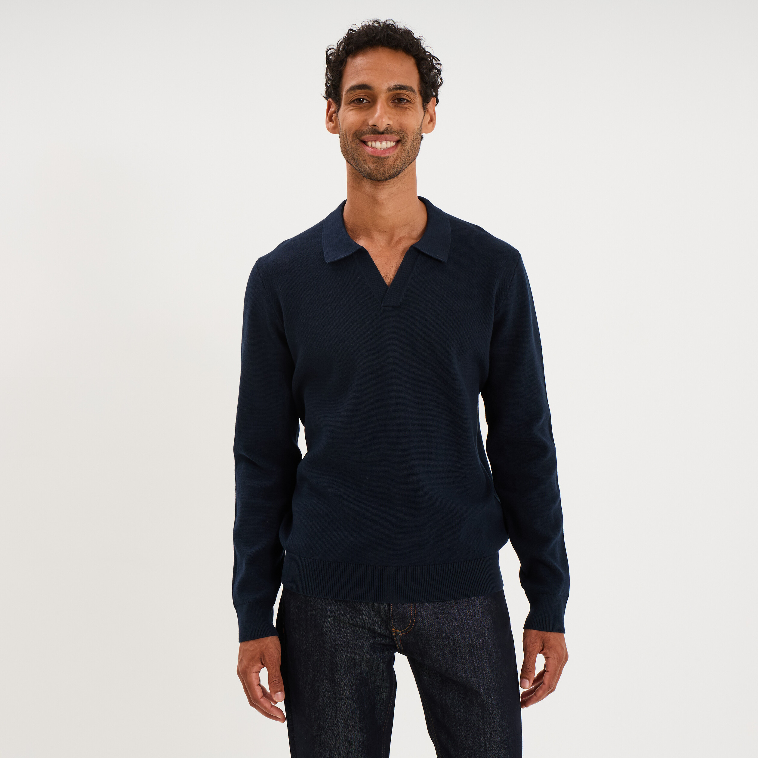 Pull col polo manches longues bleu marine homme