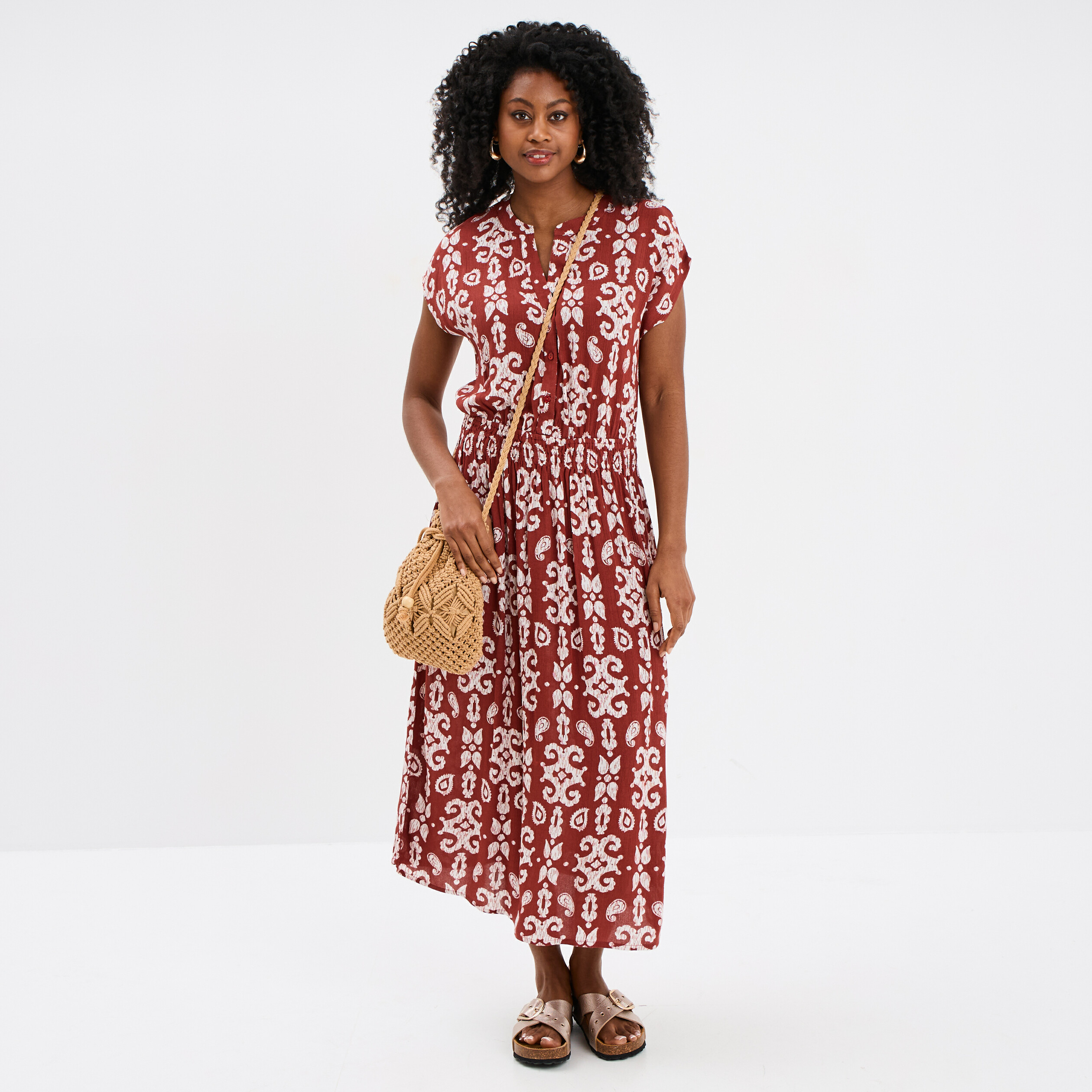 robe midi crepon col tunisien terracotta femme Robe midi crépon col tunisien terracotta femme