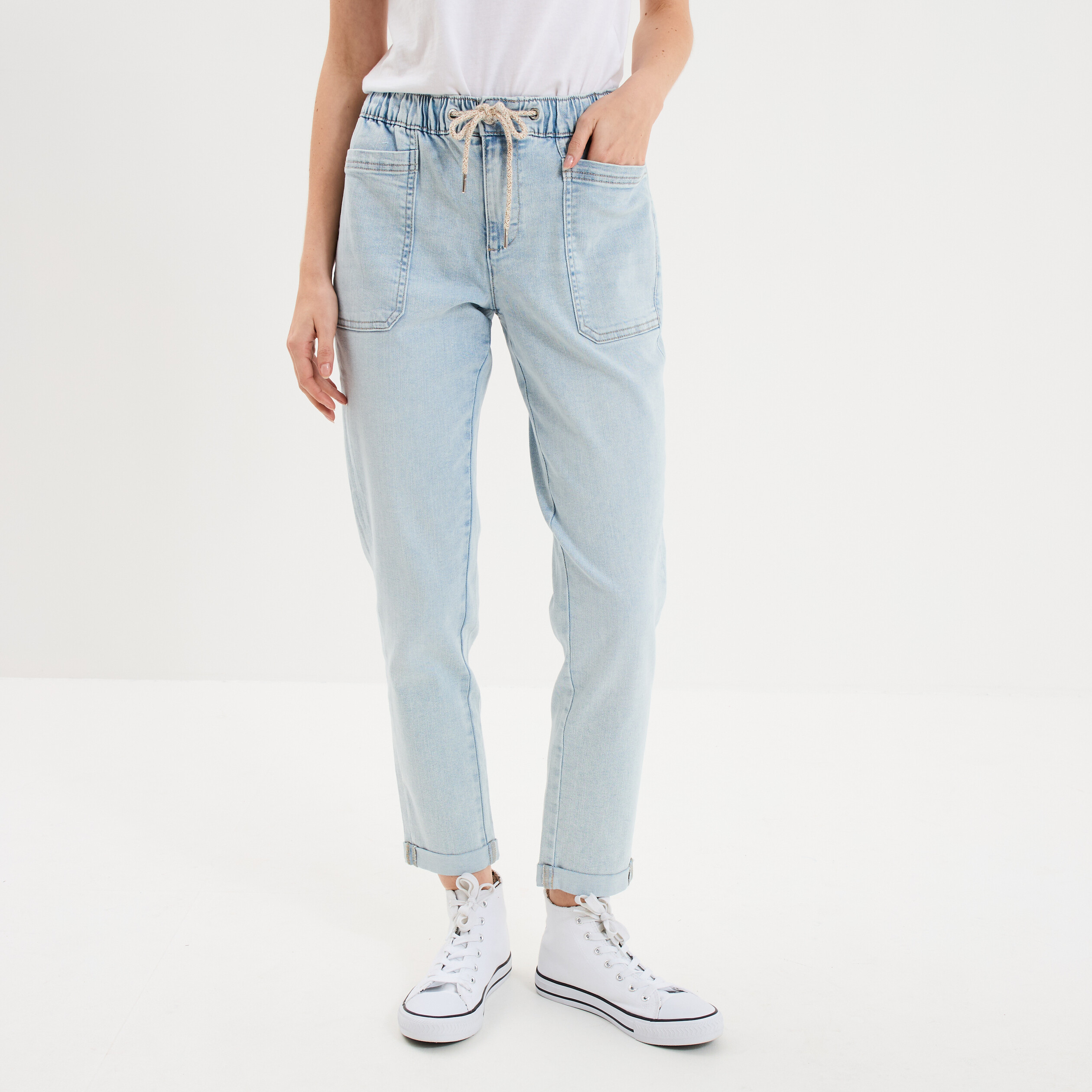 Jeans droit cropped taille &eacute;lastiqu&eacute;e denim triple stone femme