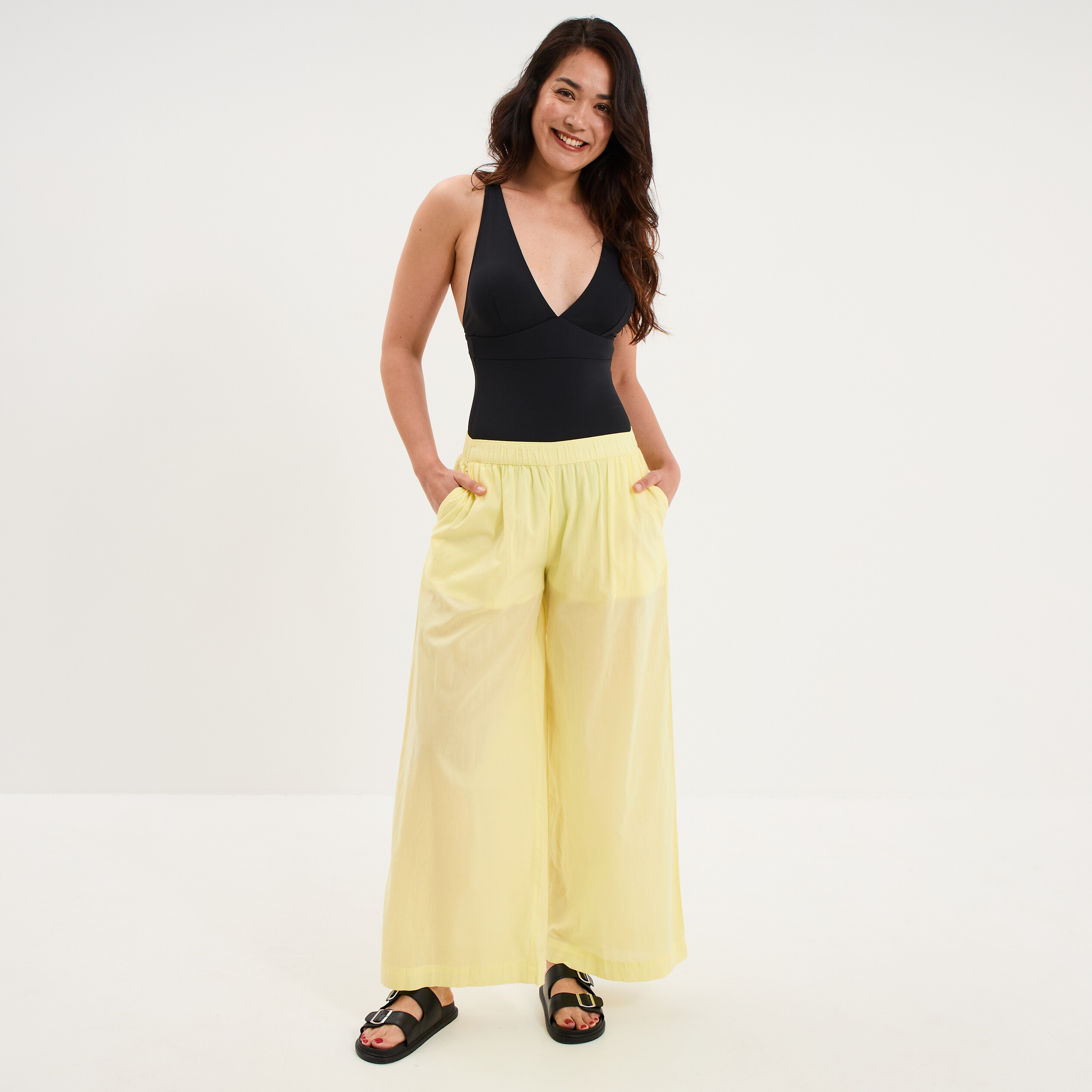 Pantalon de plage voile de coton jaune femme