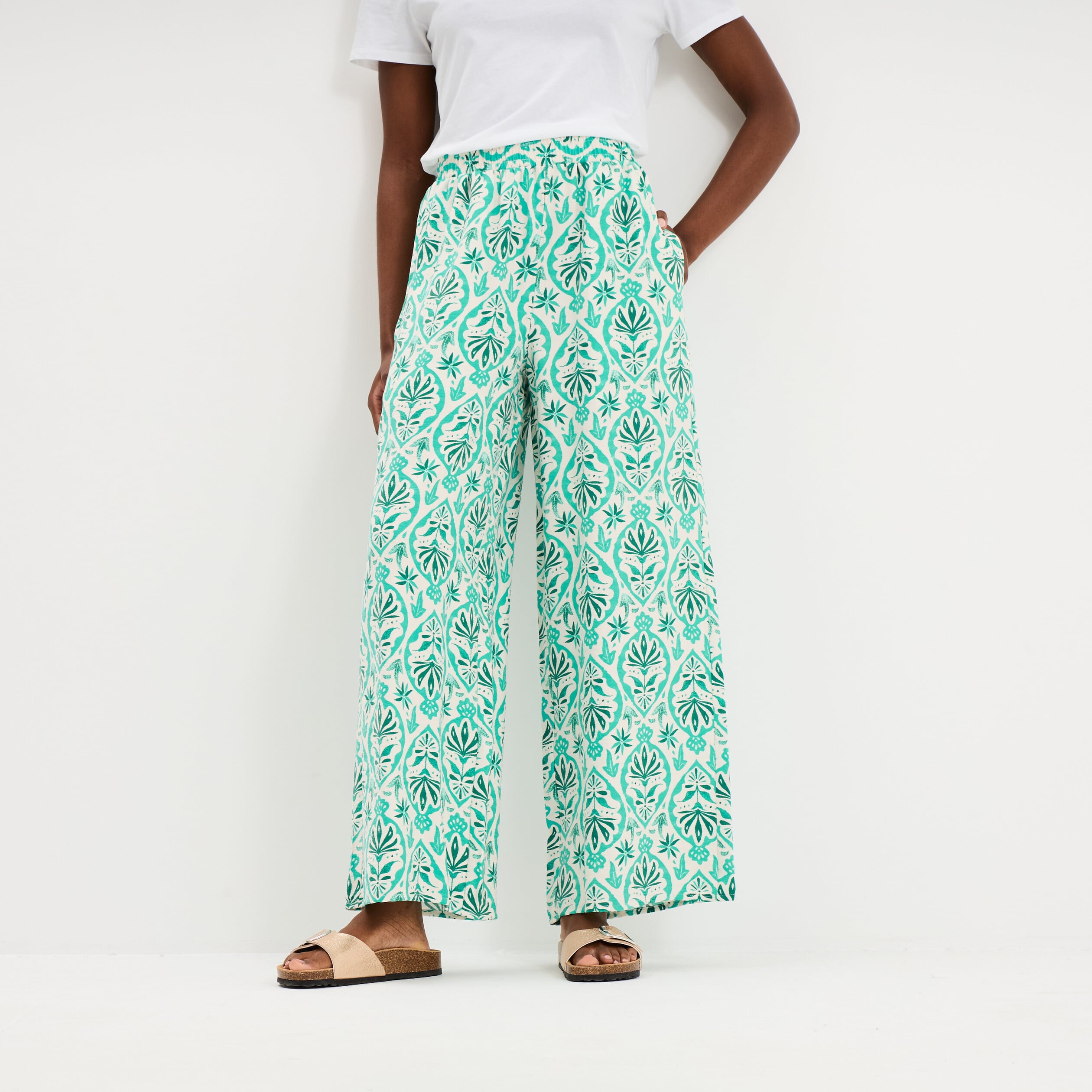 Pantalon large fluide taille &eacute;lastiqu&eacute;e ecru femme