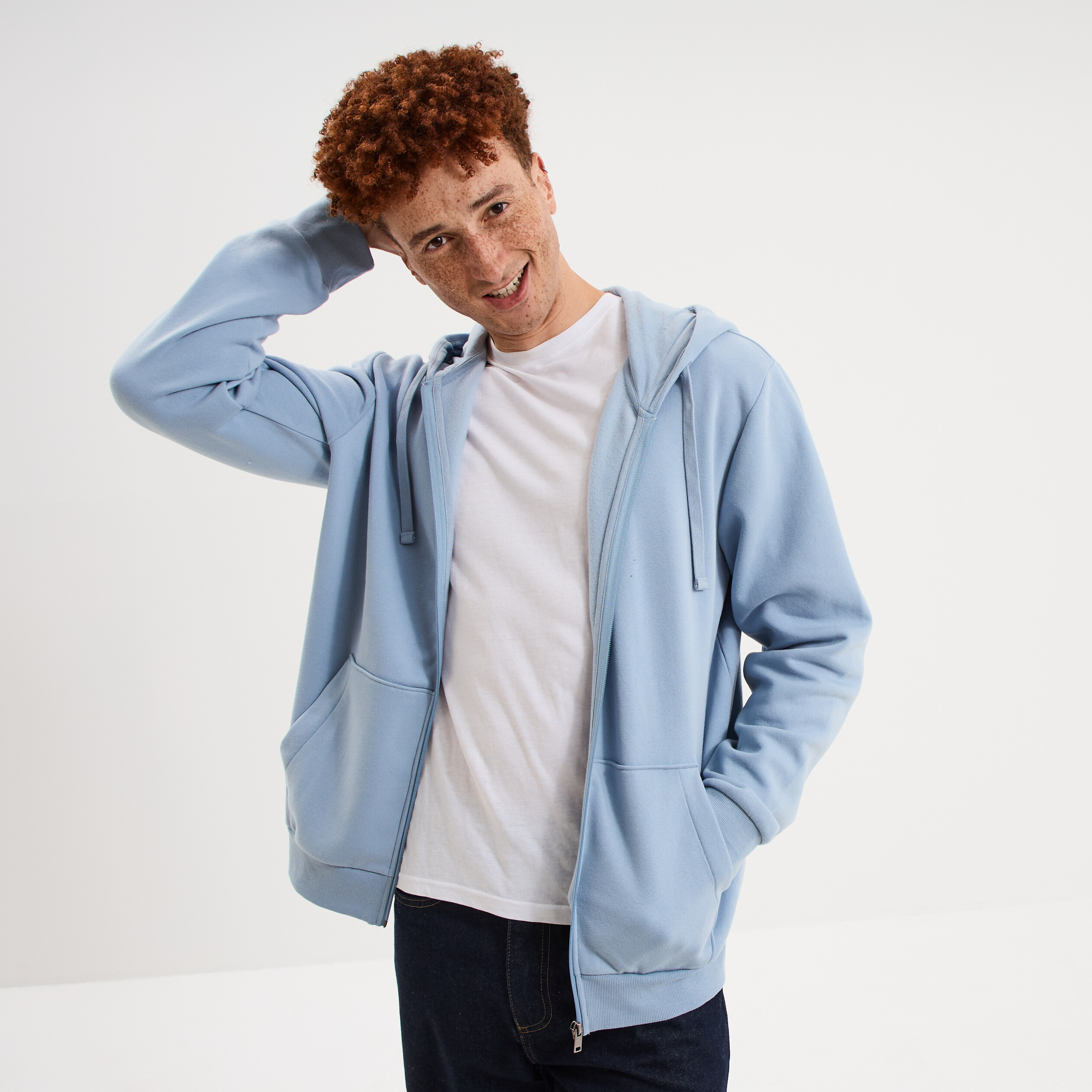 Sweat zippé molleton à capuche bleu ciel homme | La Halle