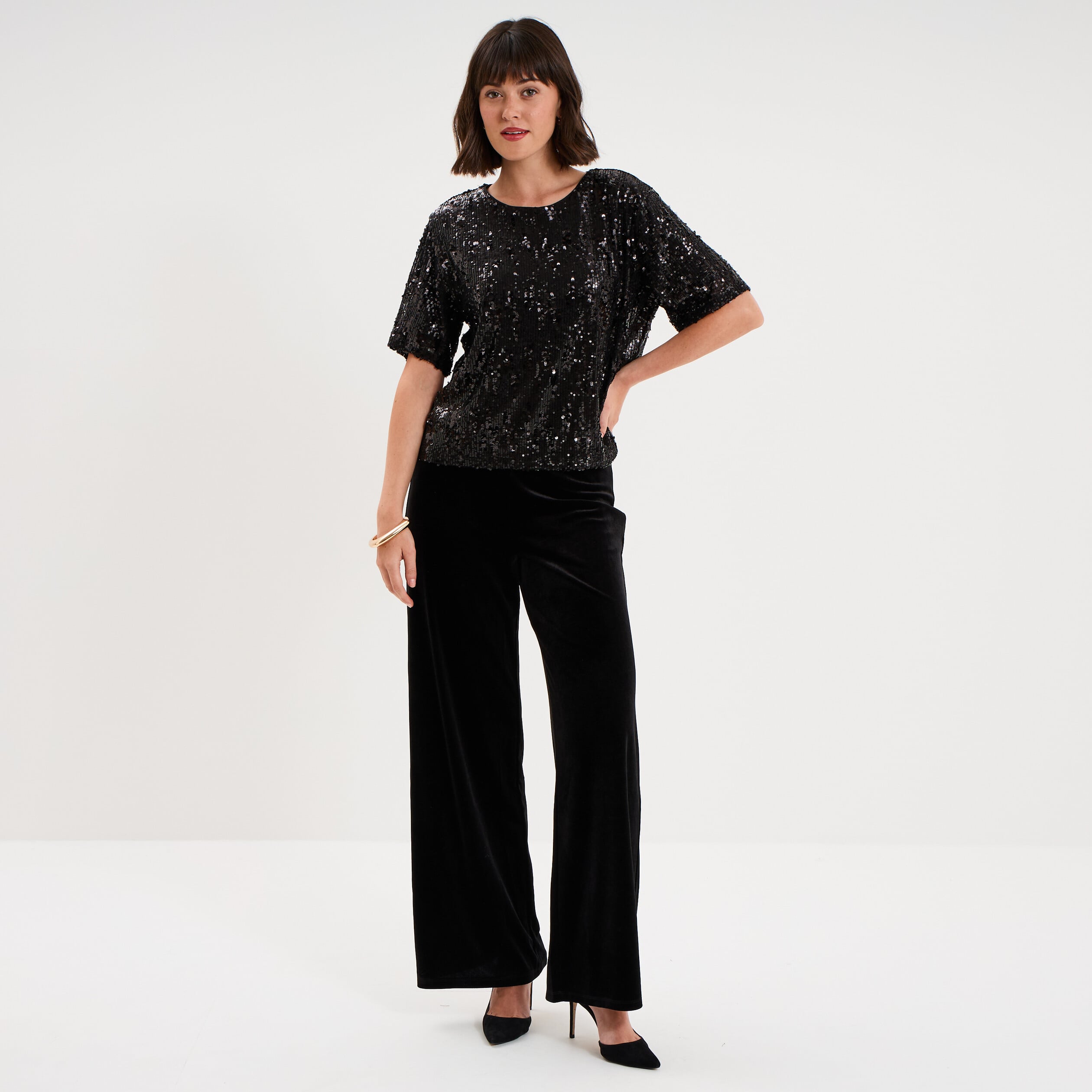 T-shirt &agrave; sequins manches courtes noir femme