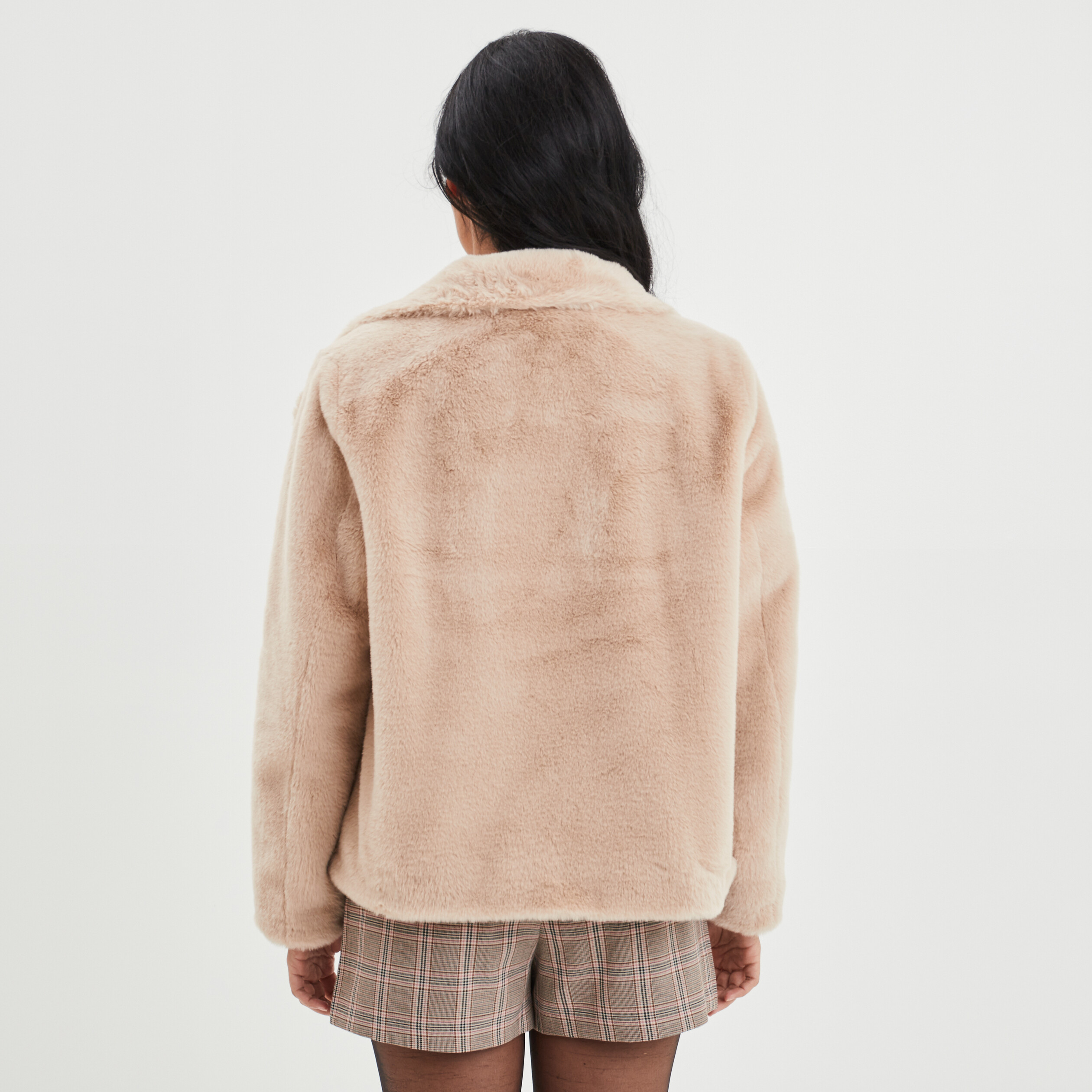 Veste imitation fourrure col montant beige femme