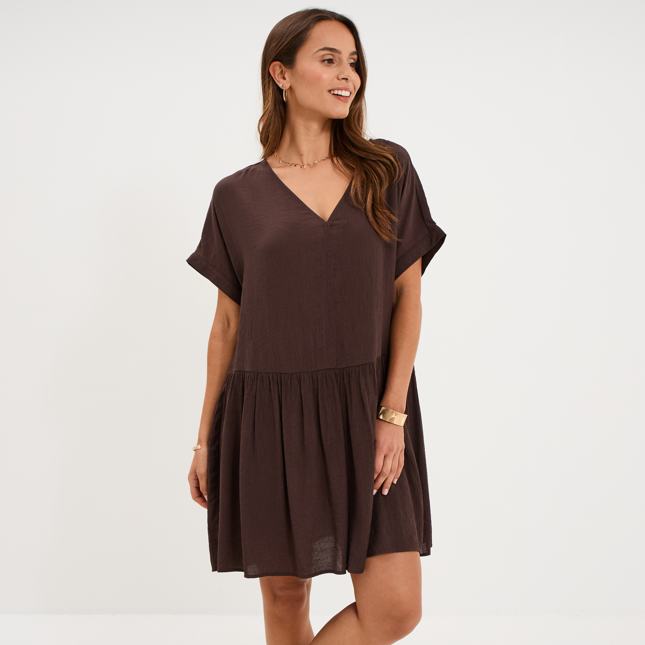 Robe courte fluide manches courtes marron fonc&eacute; femme