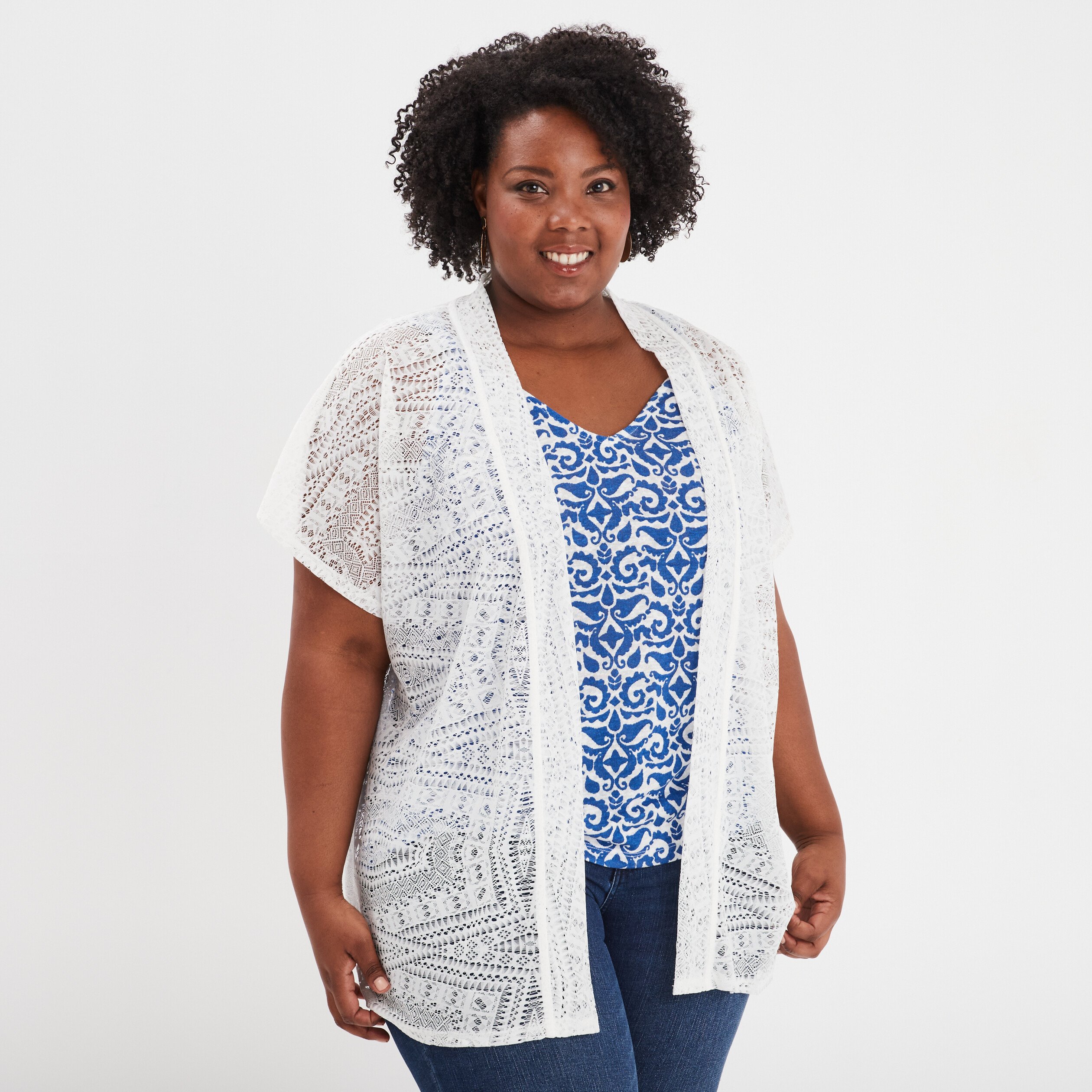 gilet manches courtes ajoure blanc femmegt Gilet manches courtes ajouré blanc femme grande taille