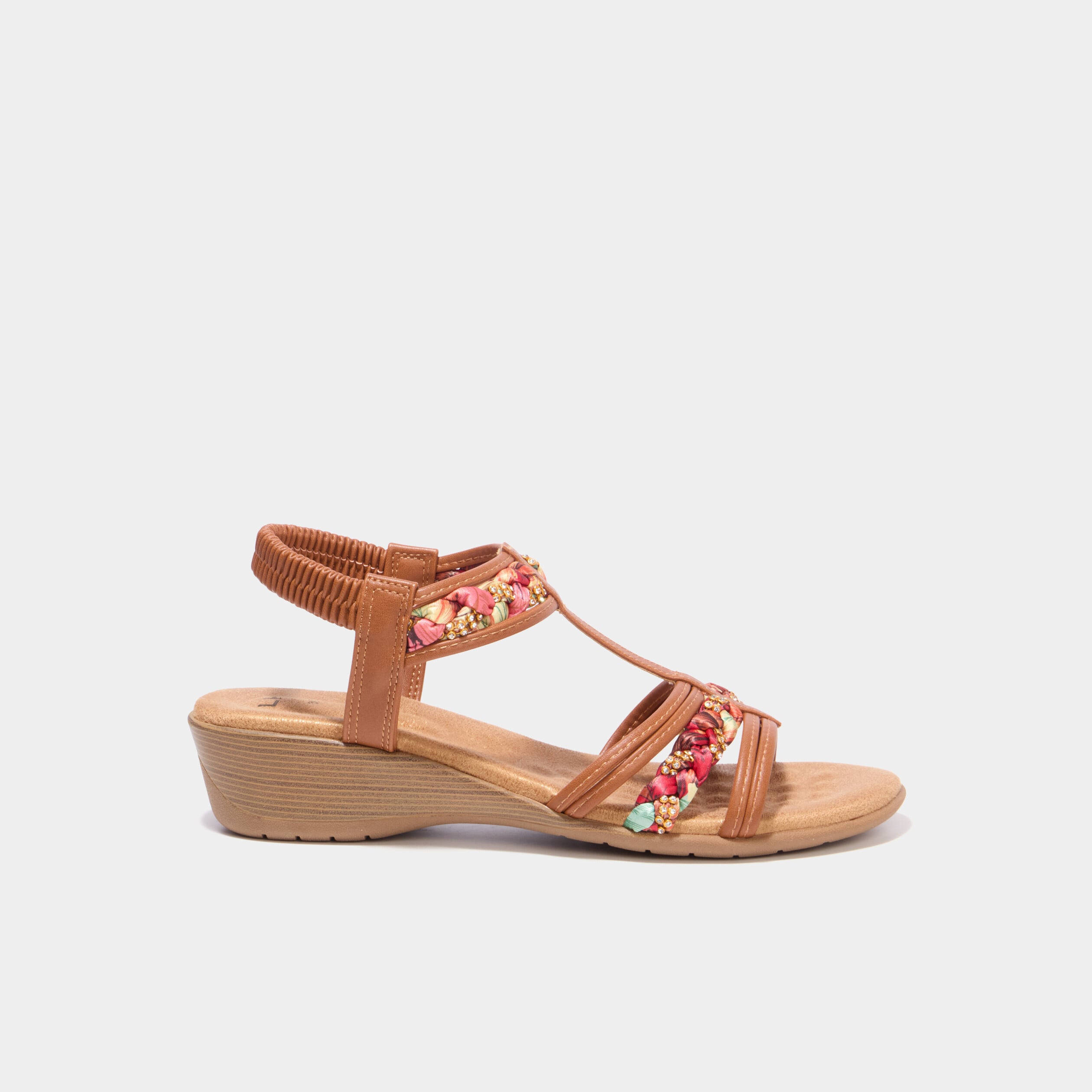 Sandales compens&eacute;es d&eacute;tails bijoux marron femme