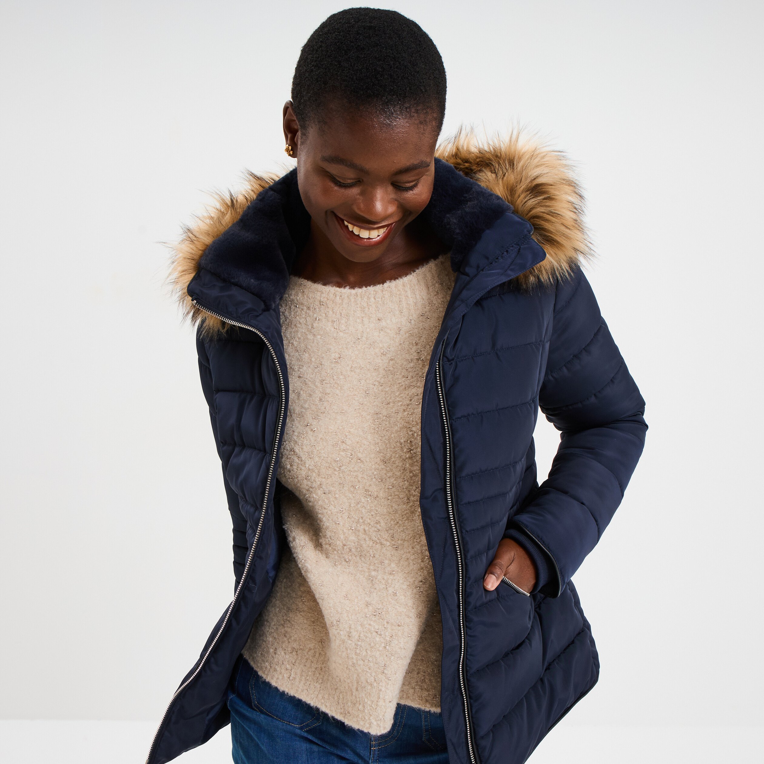 Doudoune courte cintrée à capuche bleu foncé femme La Halle