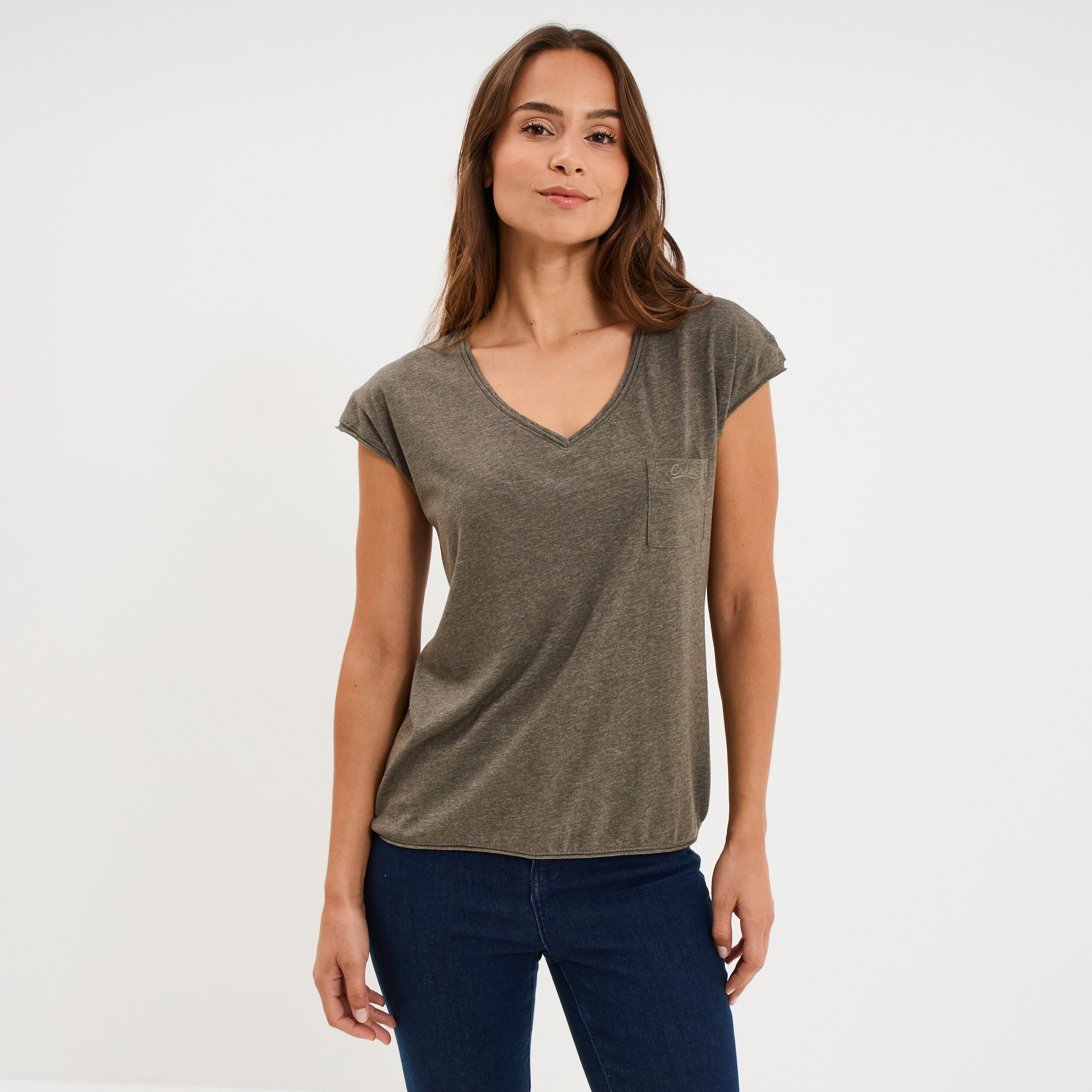 T-shirt col v poche poitrine vert kaki femme