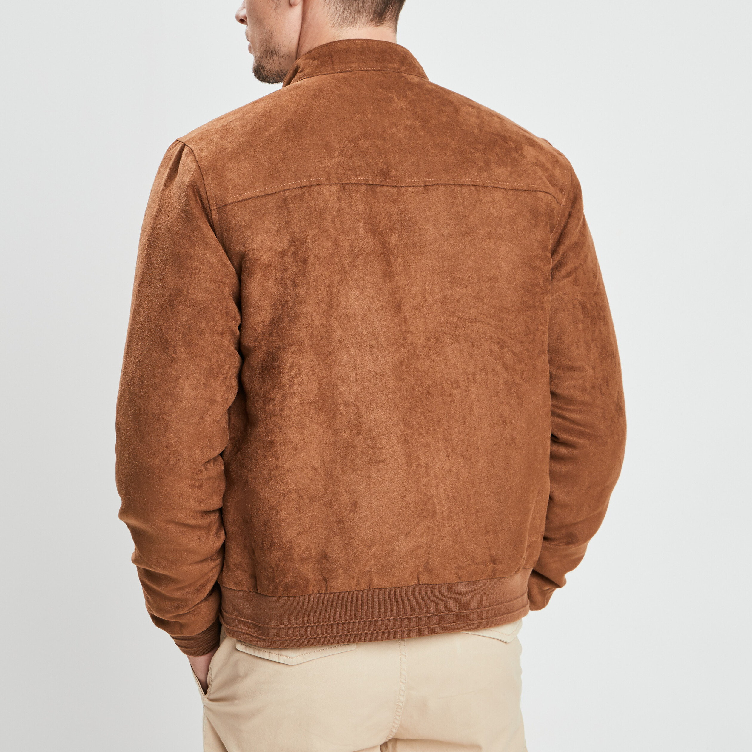 Blouson col biker en su&eacute;dine zipp&eacute; camel homme