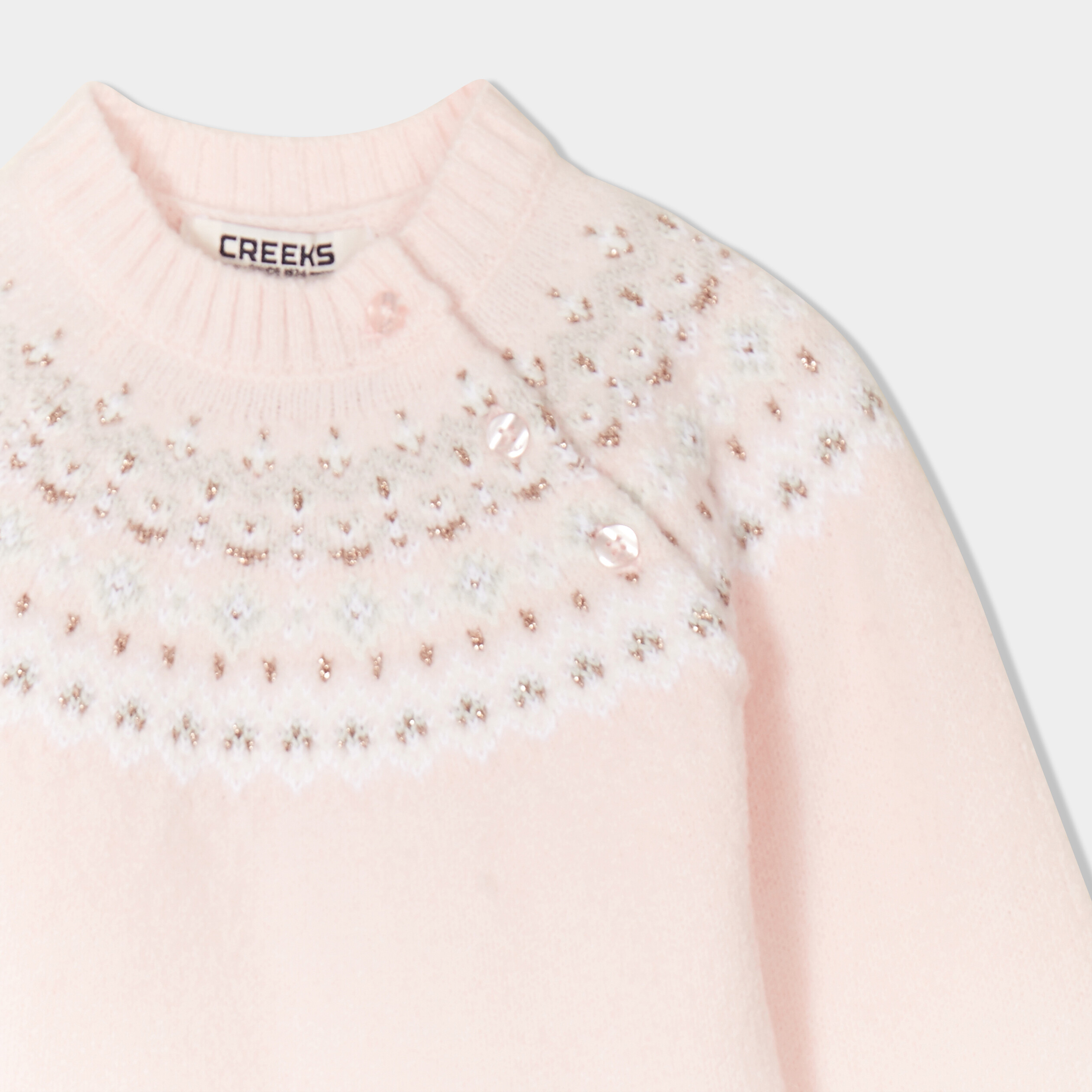 pull jacquard col montant creeks rose clair bebef Pull jacquard col montant Creeks rose clair bébé fille