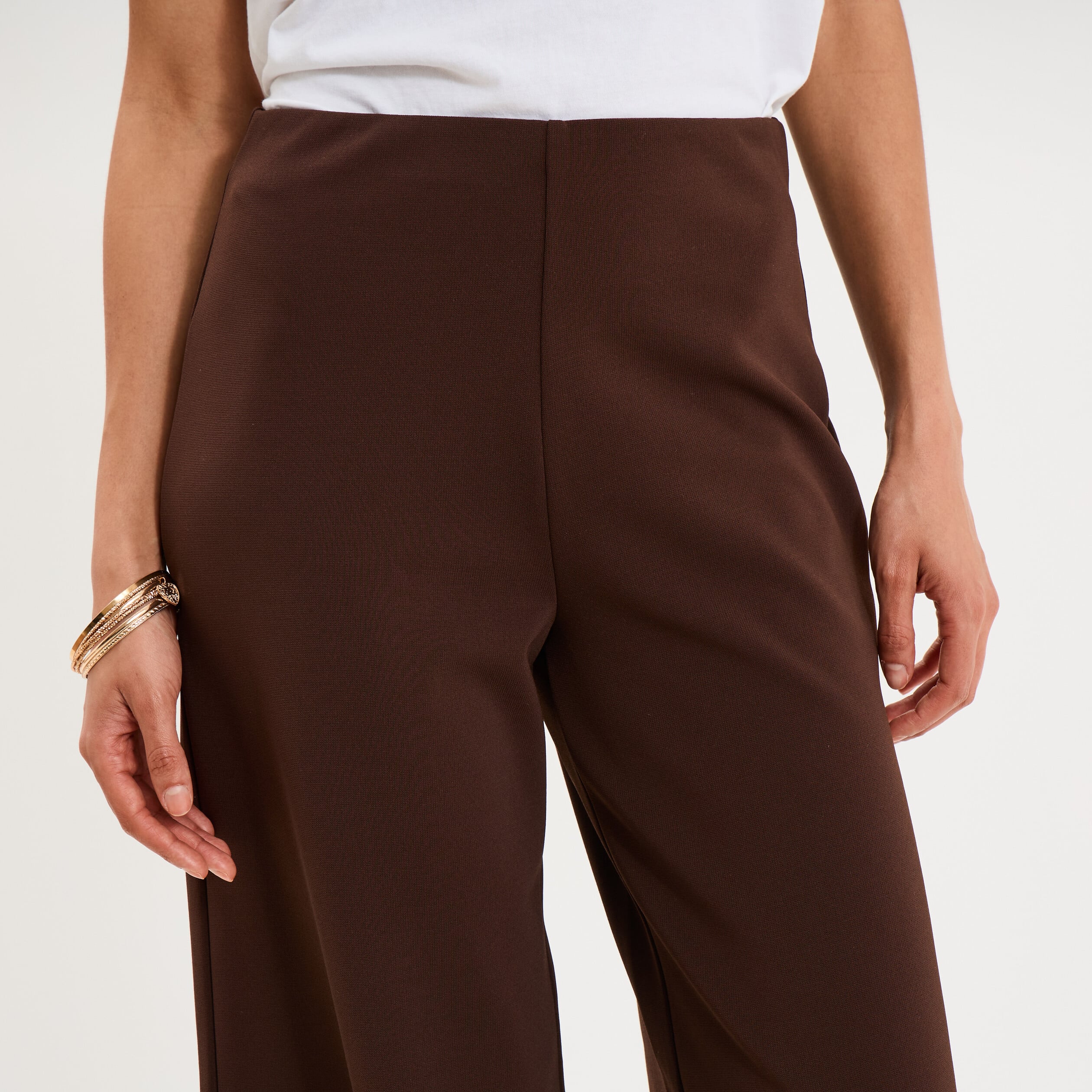 Pantalon large fluide taille haute marron fonc&eacute; femme