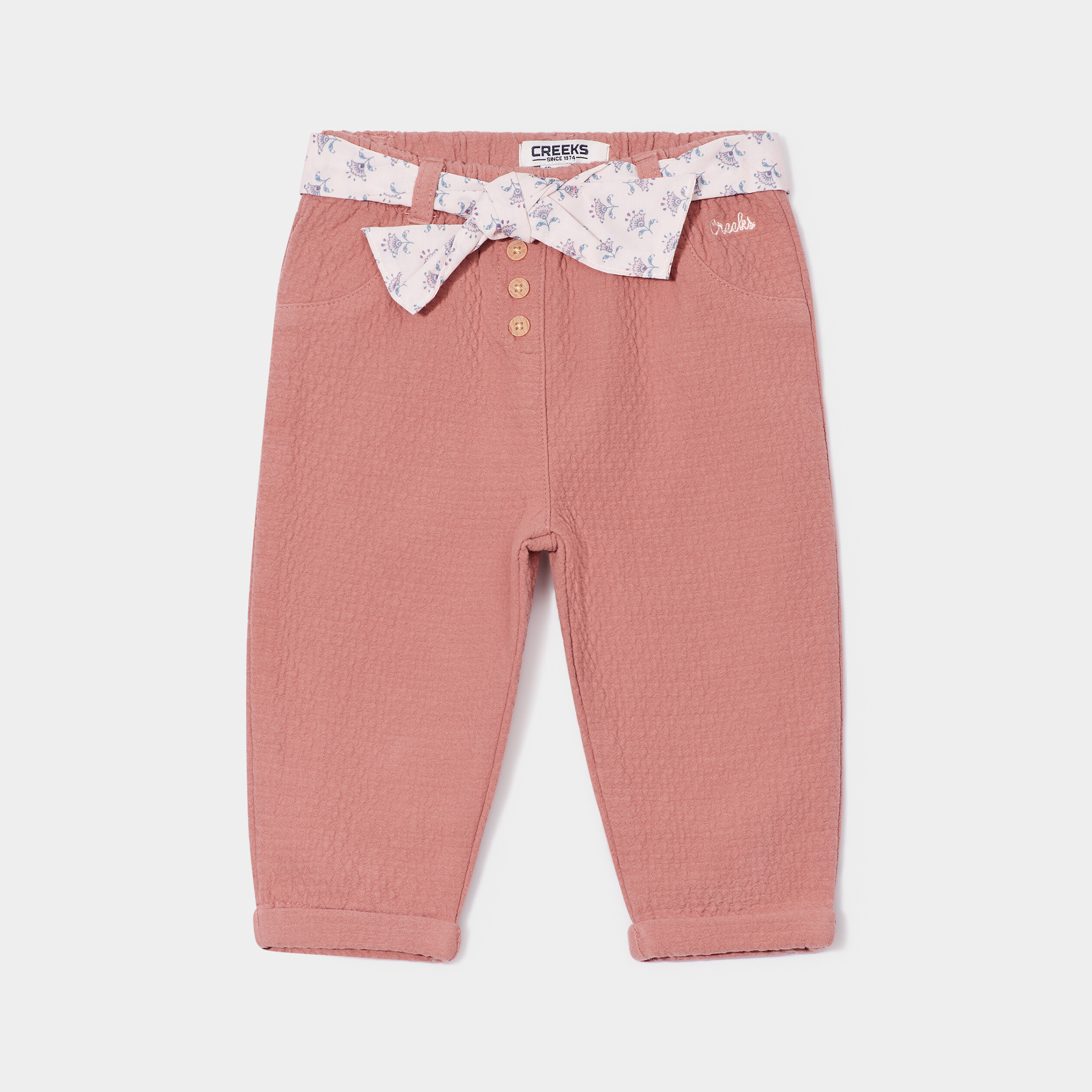 pantalon droit ceinture coton creeks rose bebef Pantalon droit ceinturé coton Creeks rose bébé fille