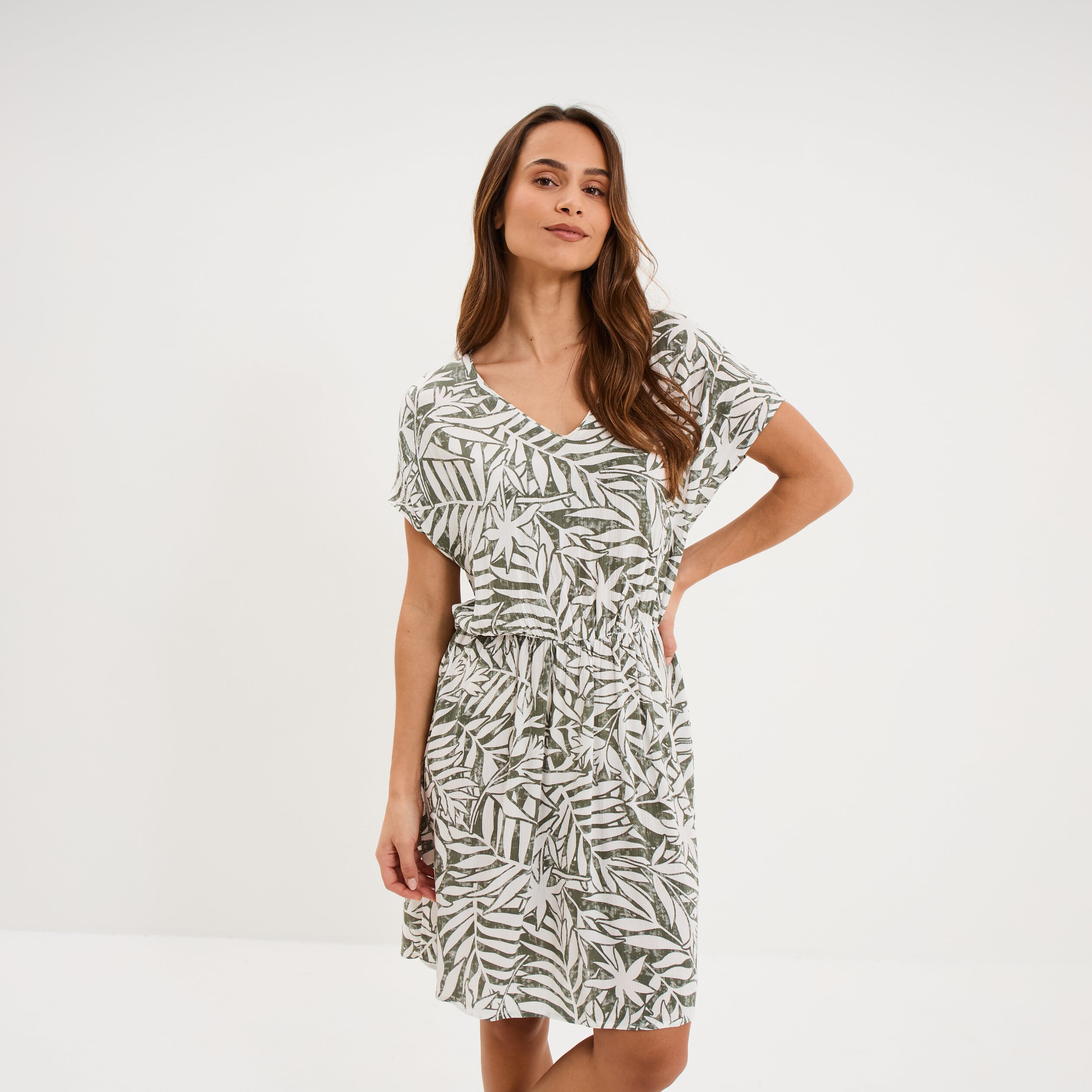 Robe caftant courte col en V vert kaki femme