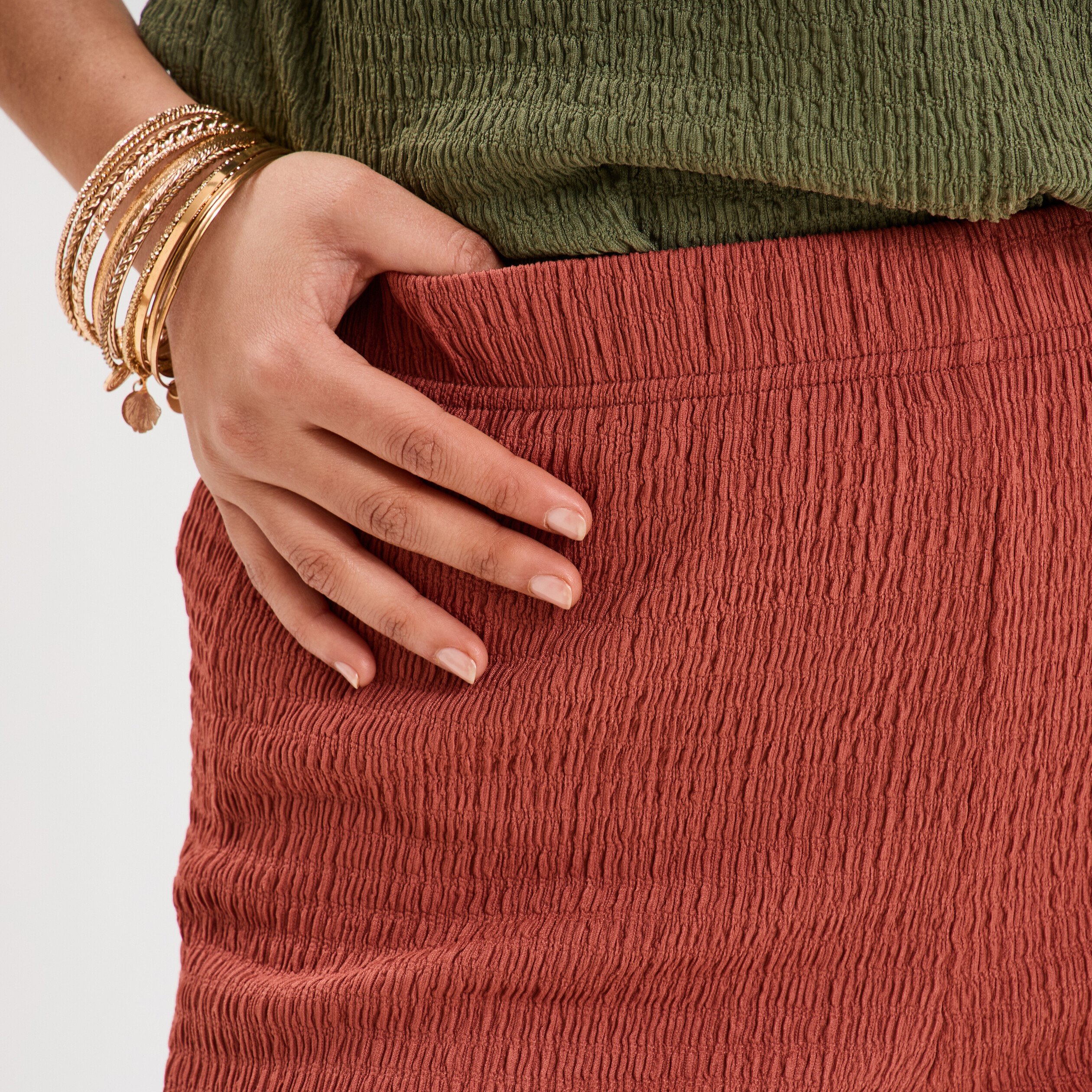 pantalon effet gaufre taille elastiquee vieux rose femme Pantalon effet gaufré taille élastiquée vieux rose femme