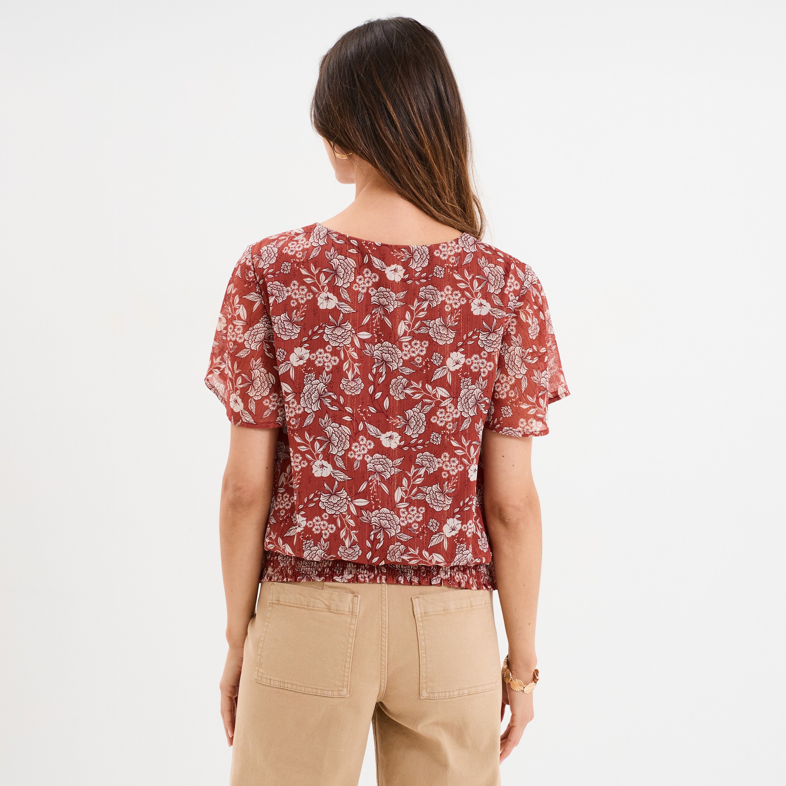 blouse col en v taille elastiquee terracotta femme Blouse col en V taille élastiquée terracotta femme