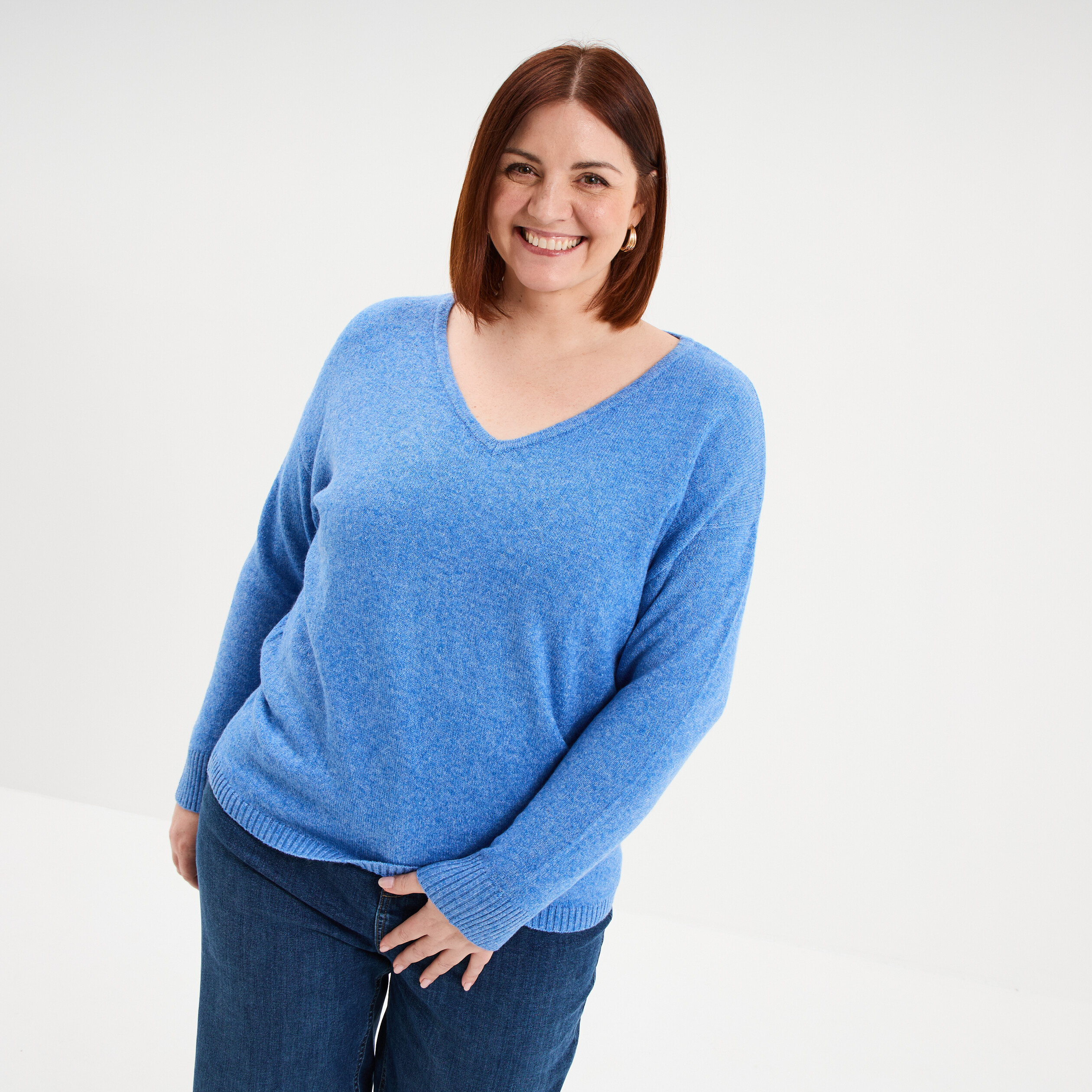 Pull col en V manches longues bleu femme grande taille
