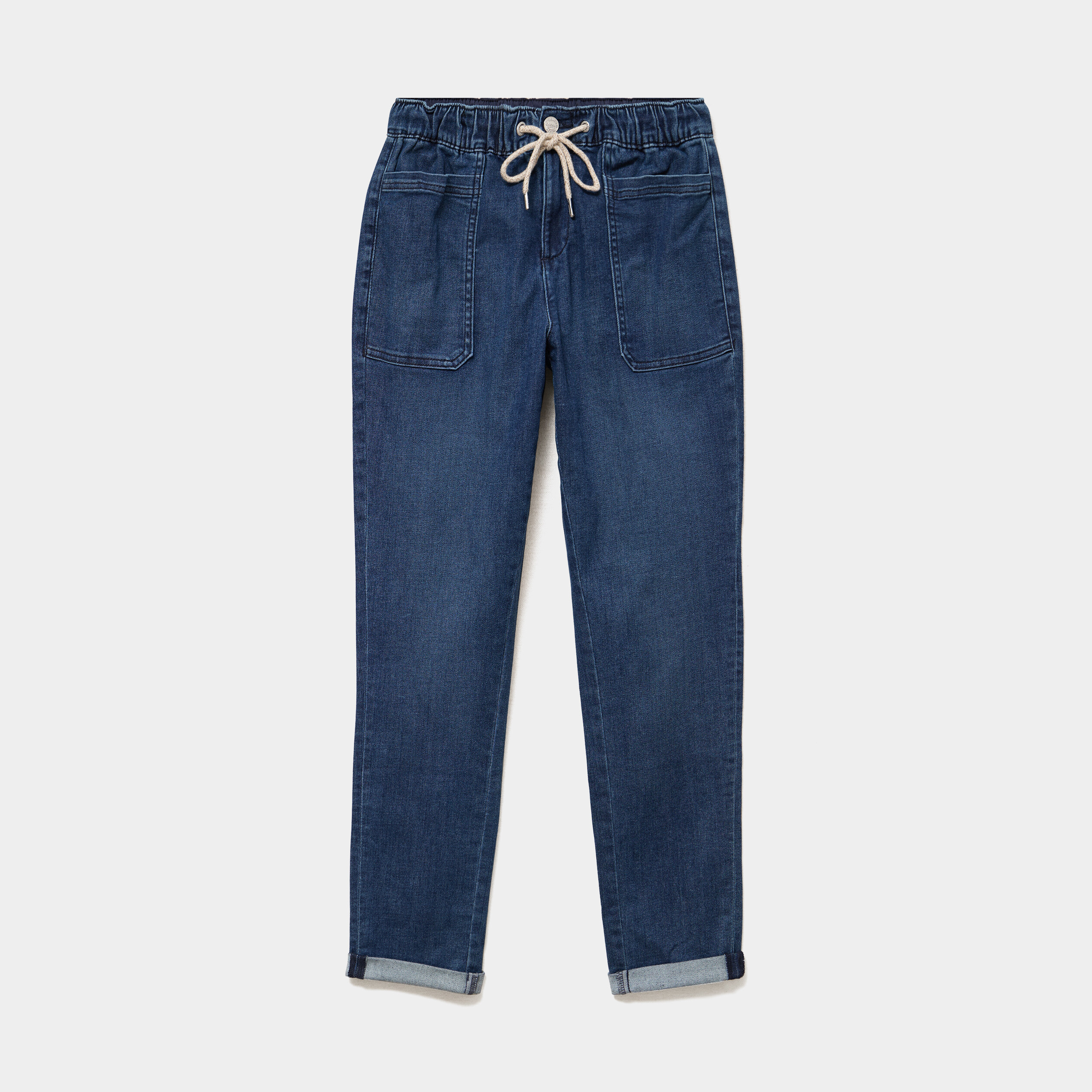 Jeans droit cropped taille &eacute;lastiqu&eacute;e bleu femme