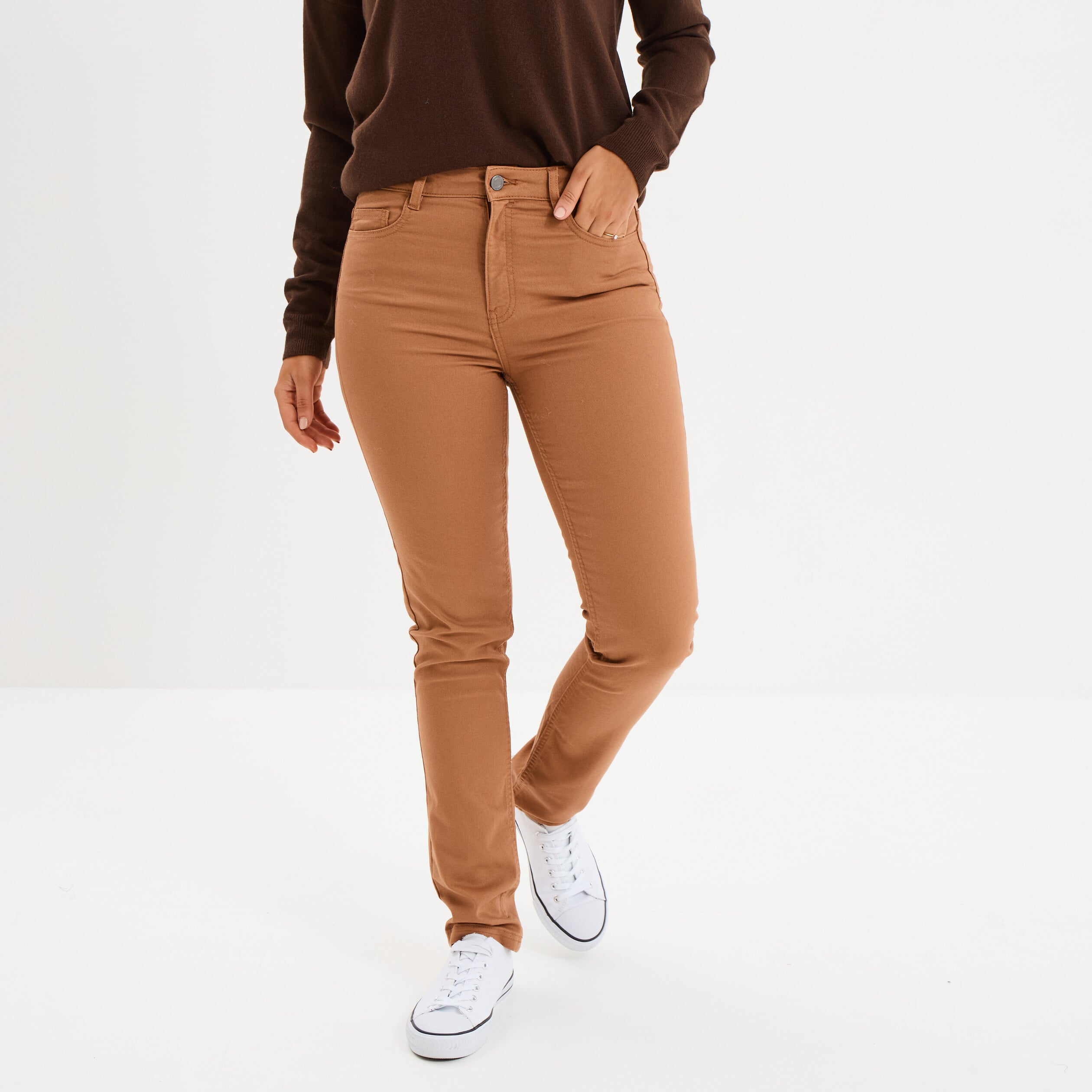 Pantalon slim stretch marron clair femme