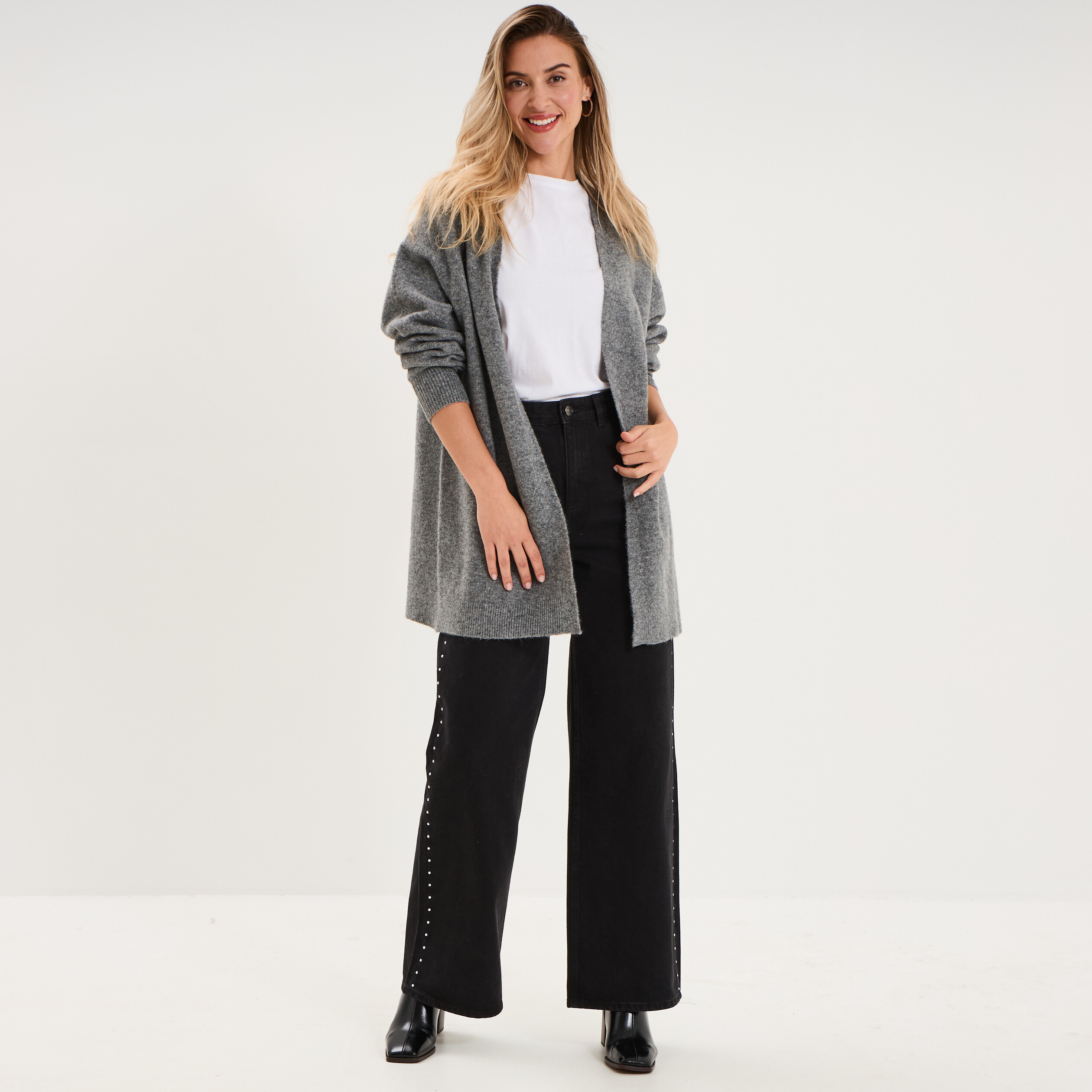 Gilet long ample manches longues gris femme