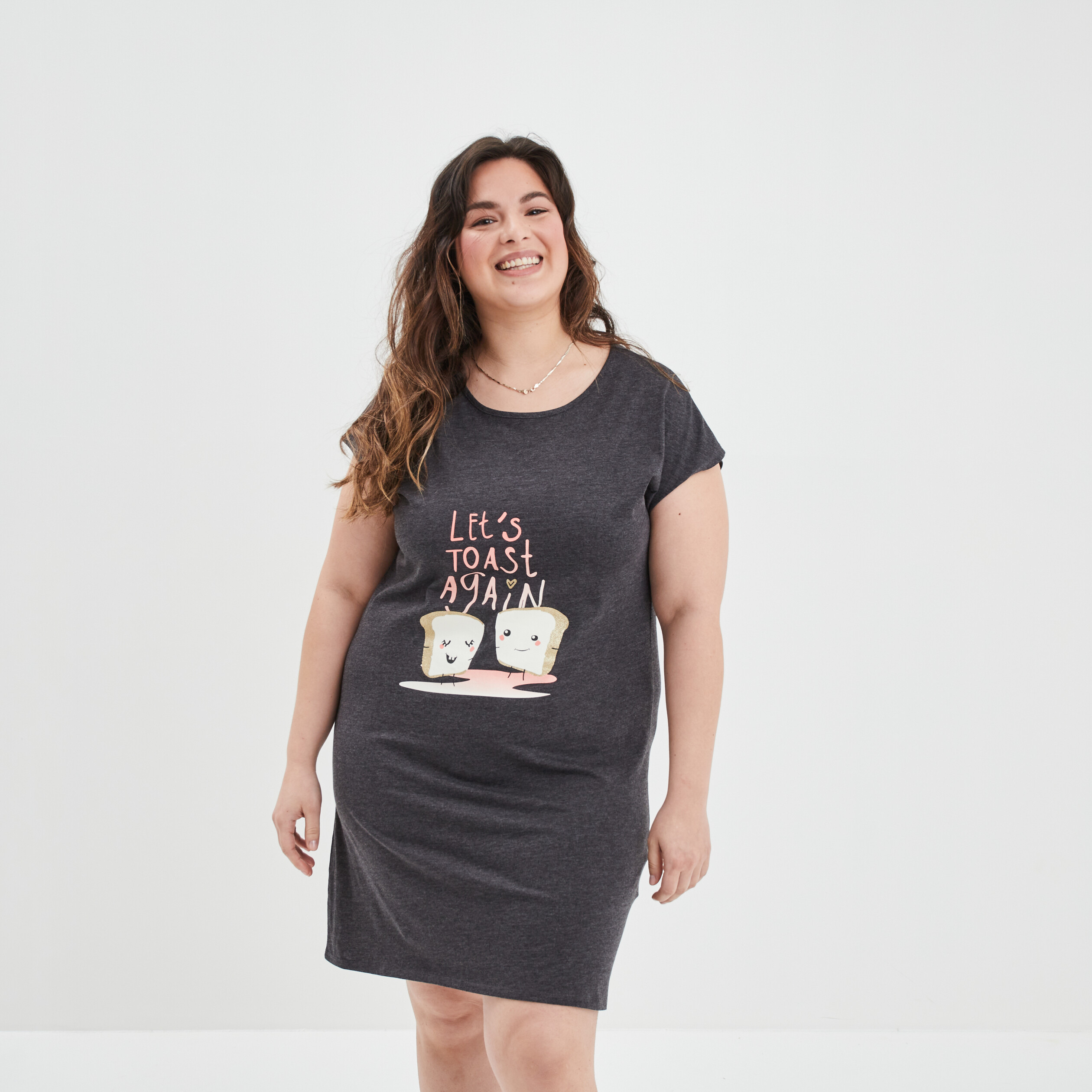 Chemise de nuit manches courtes coton gris foncé femme grande taille