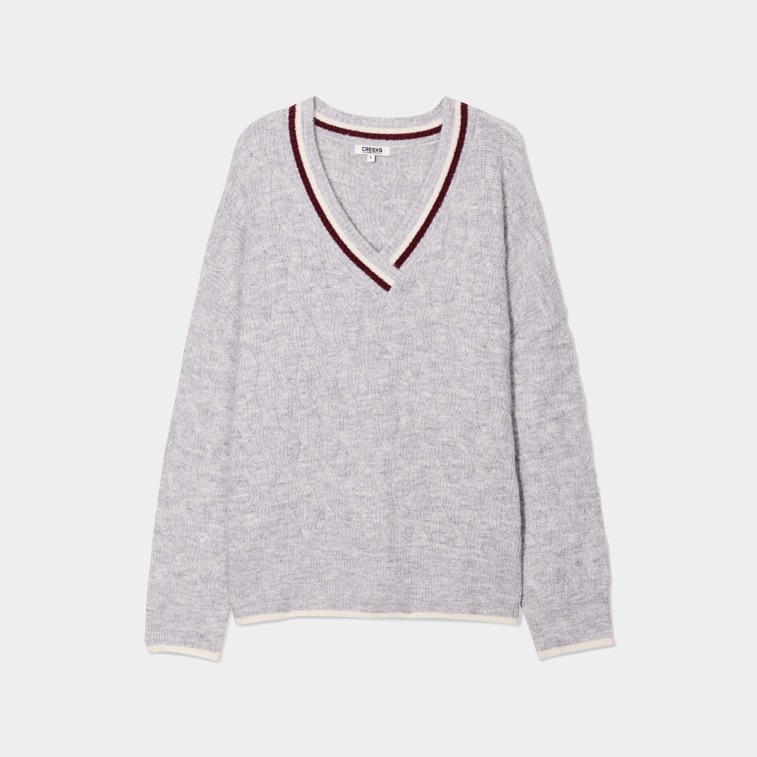 Pull col en V à torsades Creeks gris clair femme