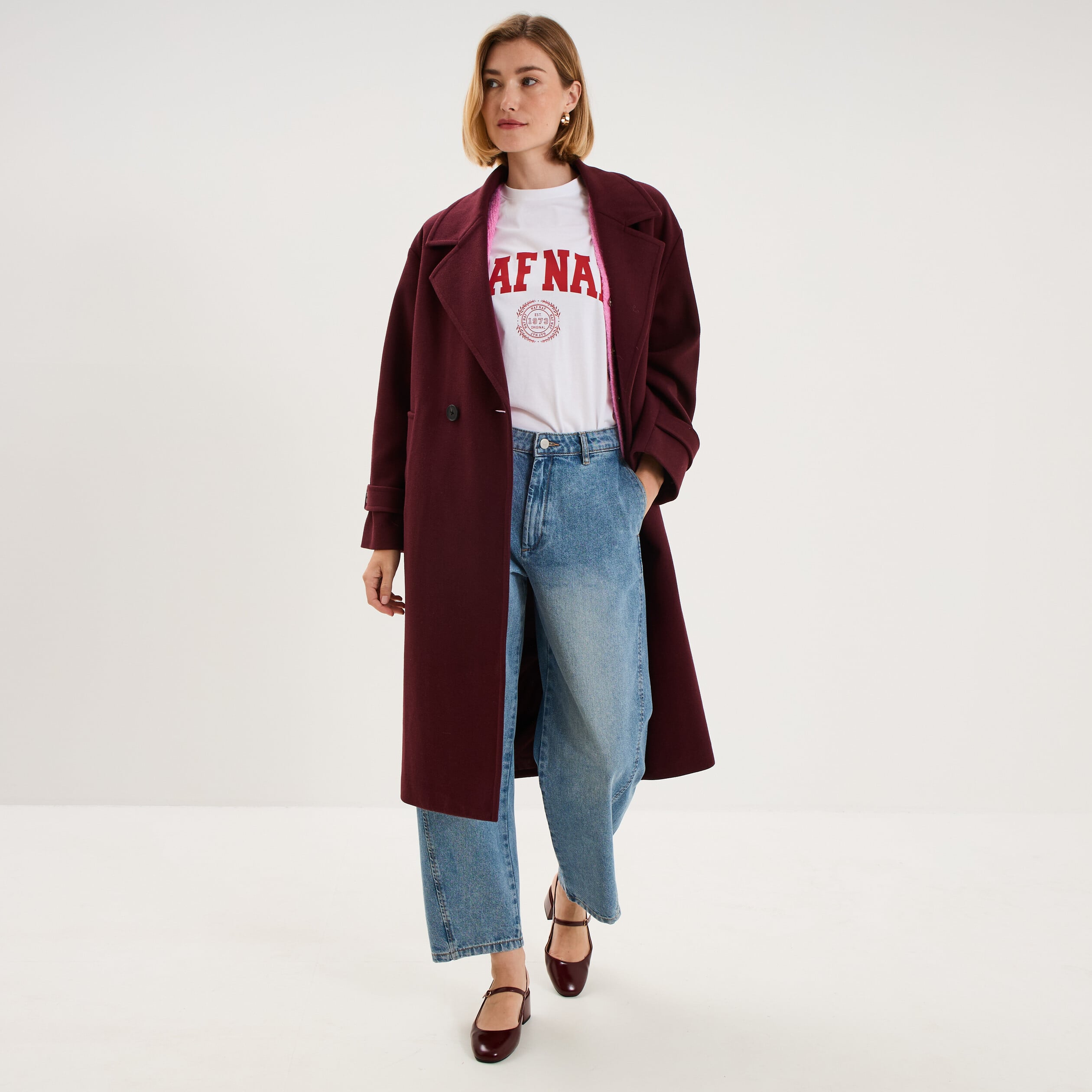 Manteau oversize double boutons long violet fonc&eacute; femme