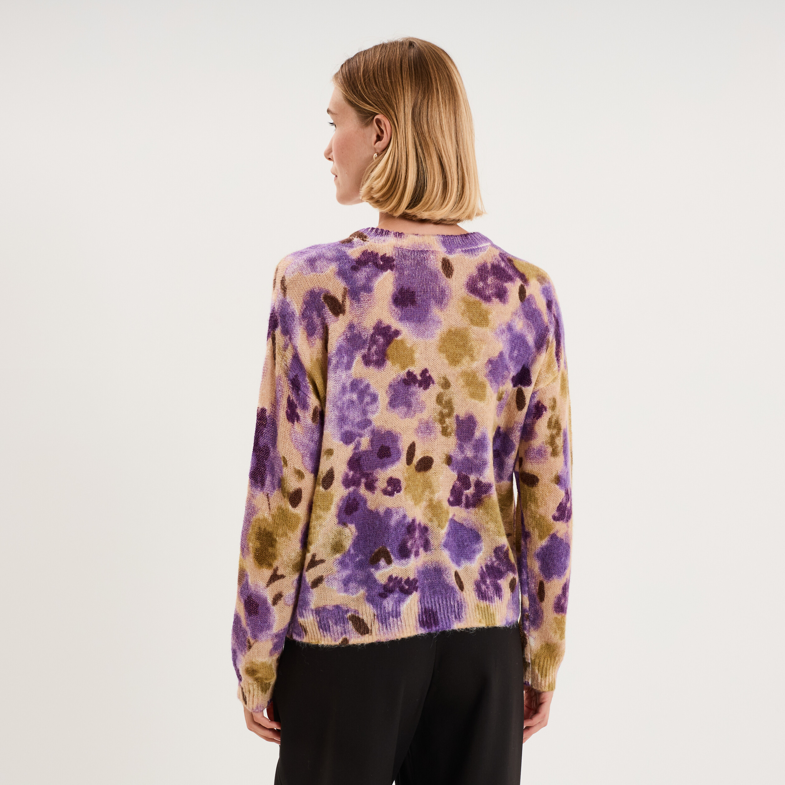 Pull col rond manches longues relax beige femme
